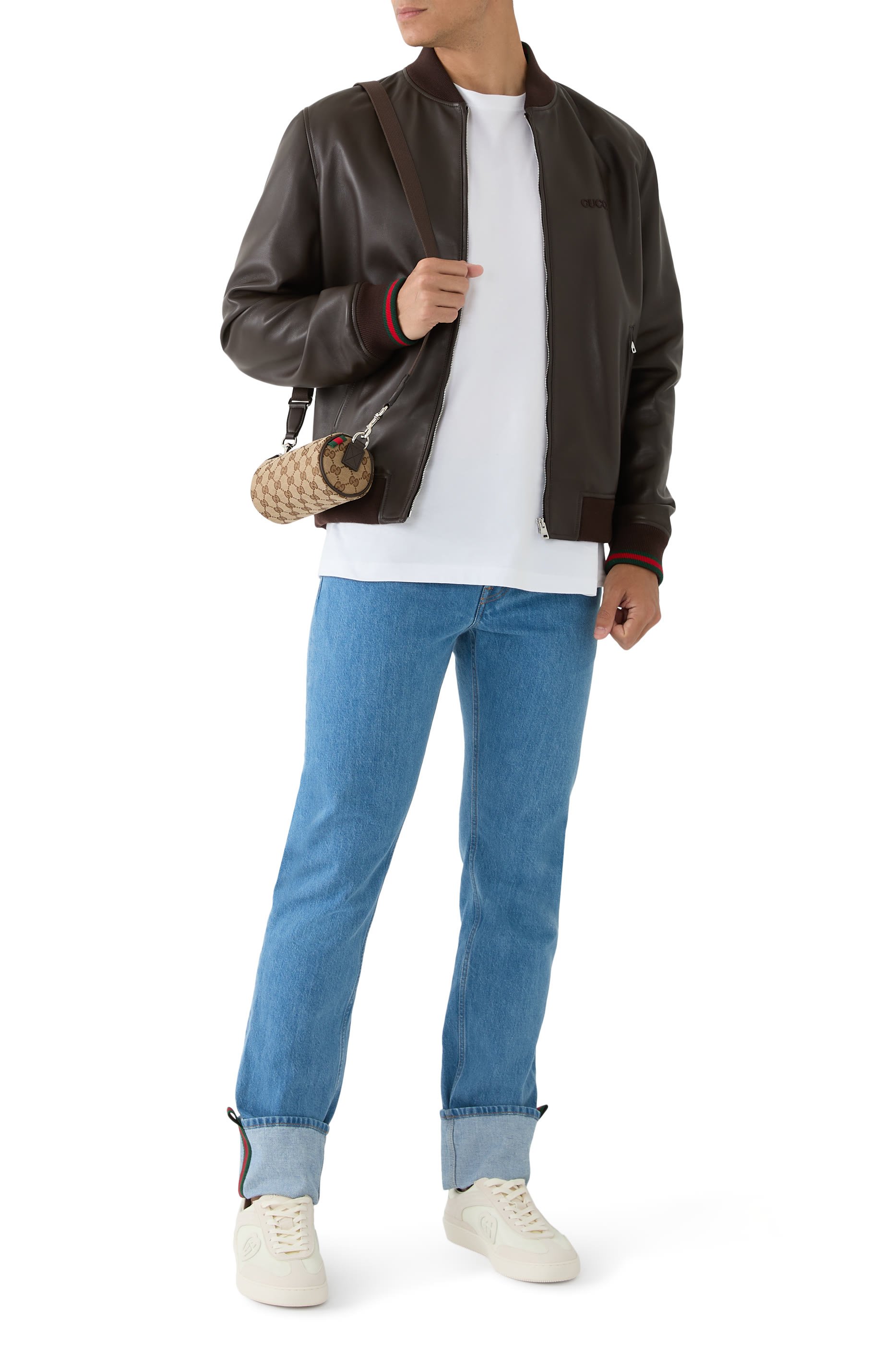 Embroidered Leather Bomber Jacket