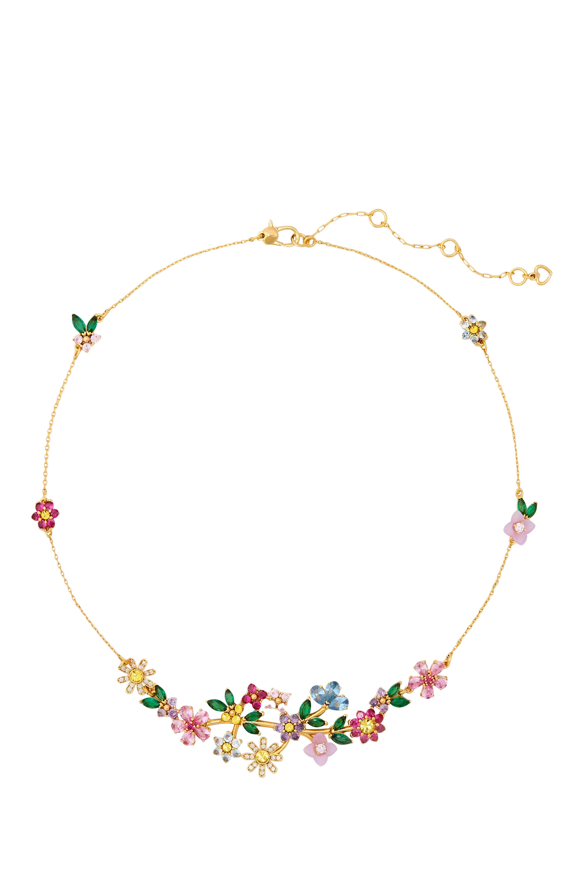 Bursting Blooms Necklace, Brass & Cubic Zirconia, Czech Glass Stone, Resin