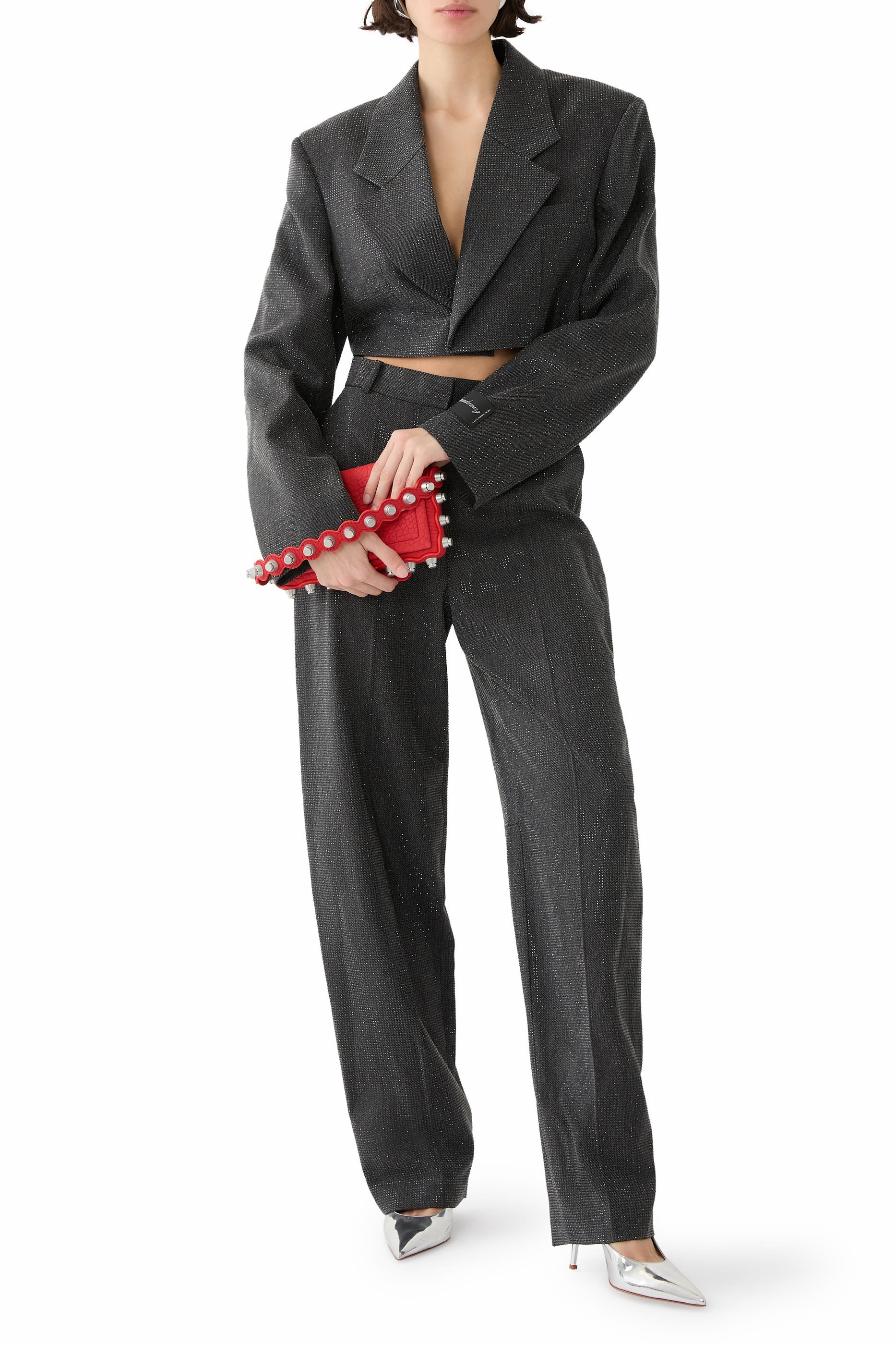 Clear Bead Hotfix Cropped Blazer in Wool Twill