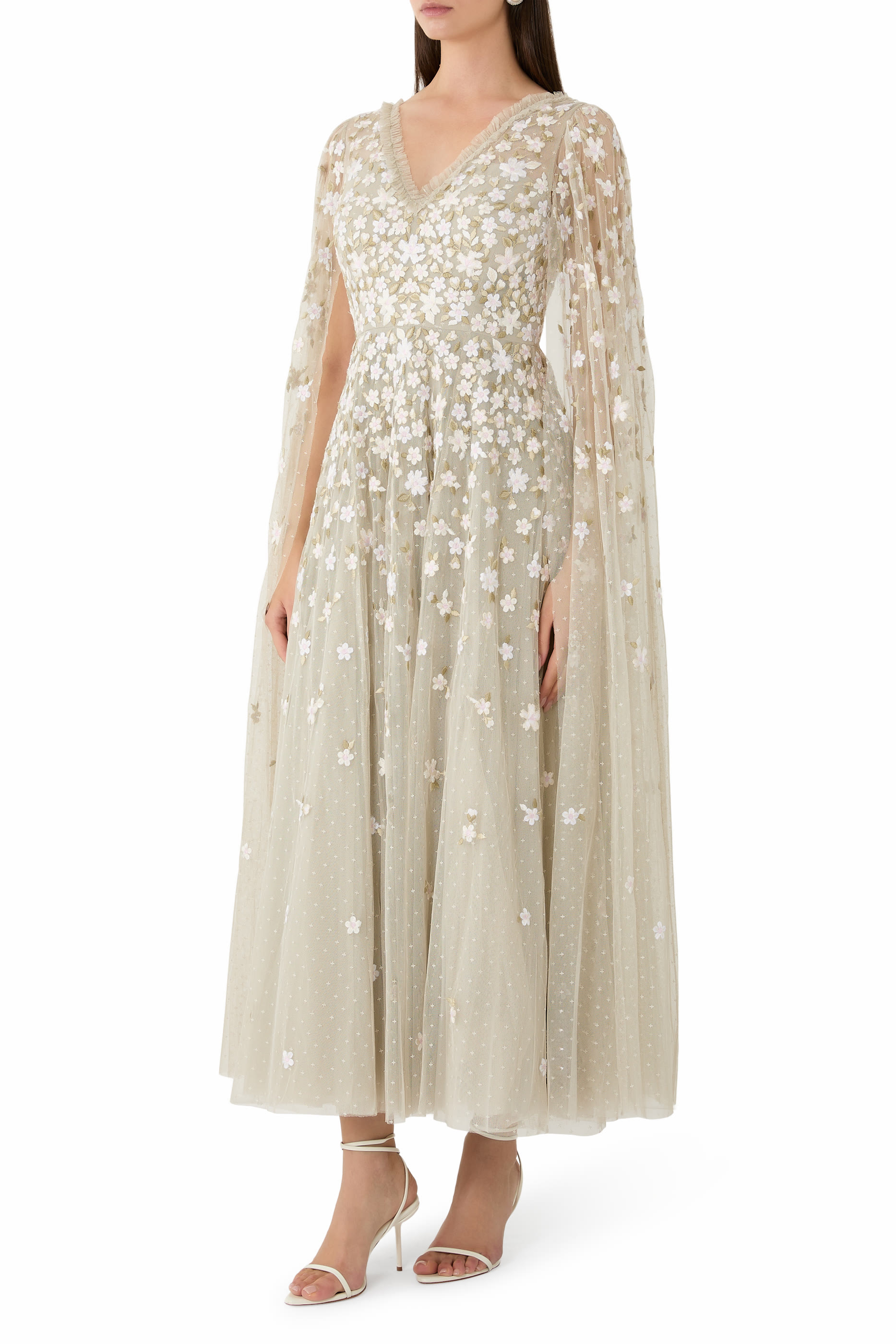 Camellia Ditsy Cape Sleeves Ankle Gown