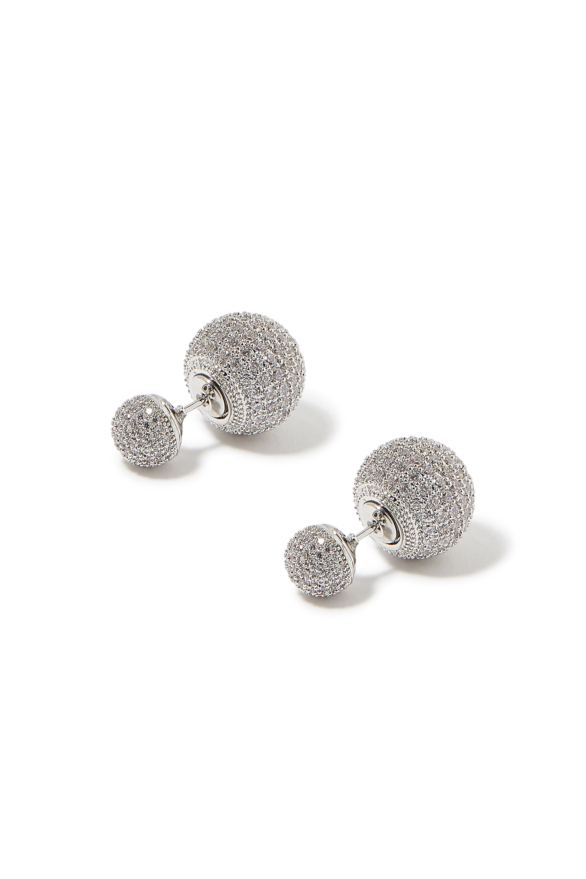 Double Ball Pavé Earrings, Sterling Silver with Cubic Zirconia & AAAA+