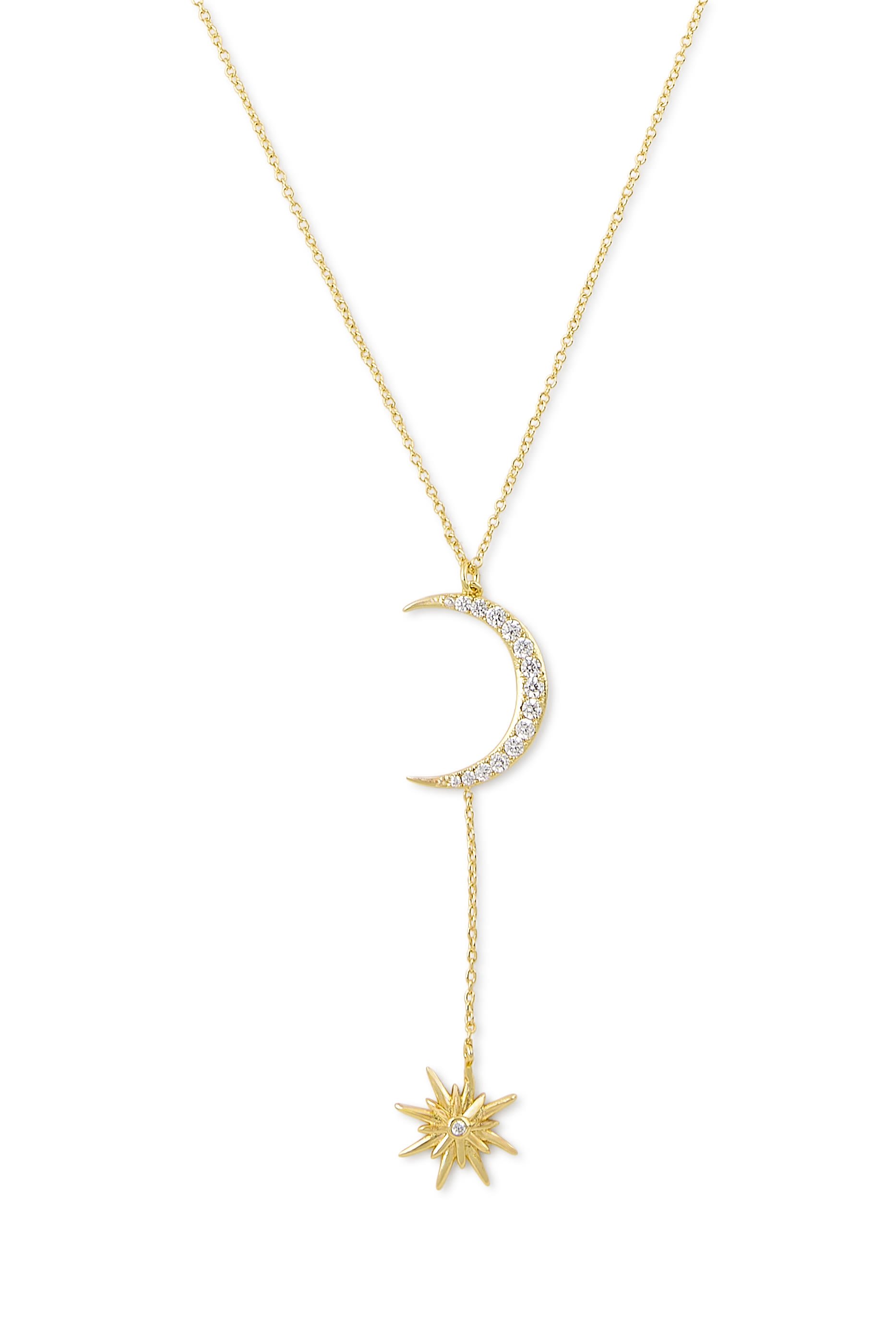 Celestial Moon and Star Necklace, Yellow Gold Plated Brass & Cubic Zirconia