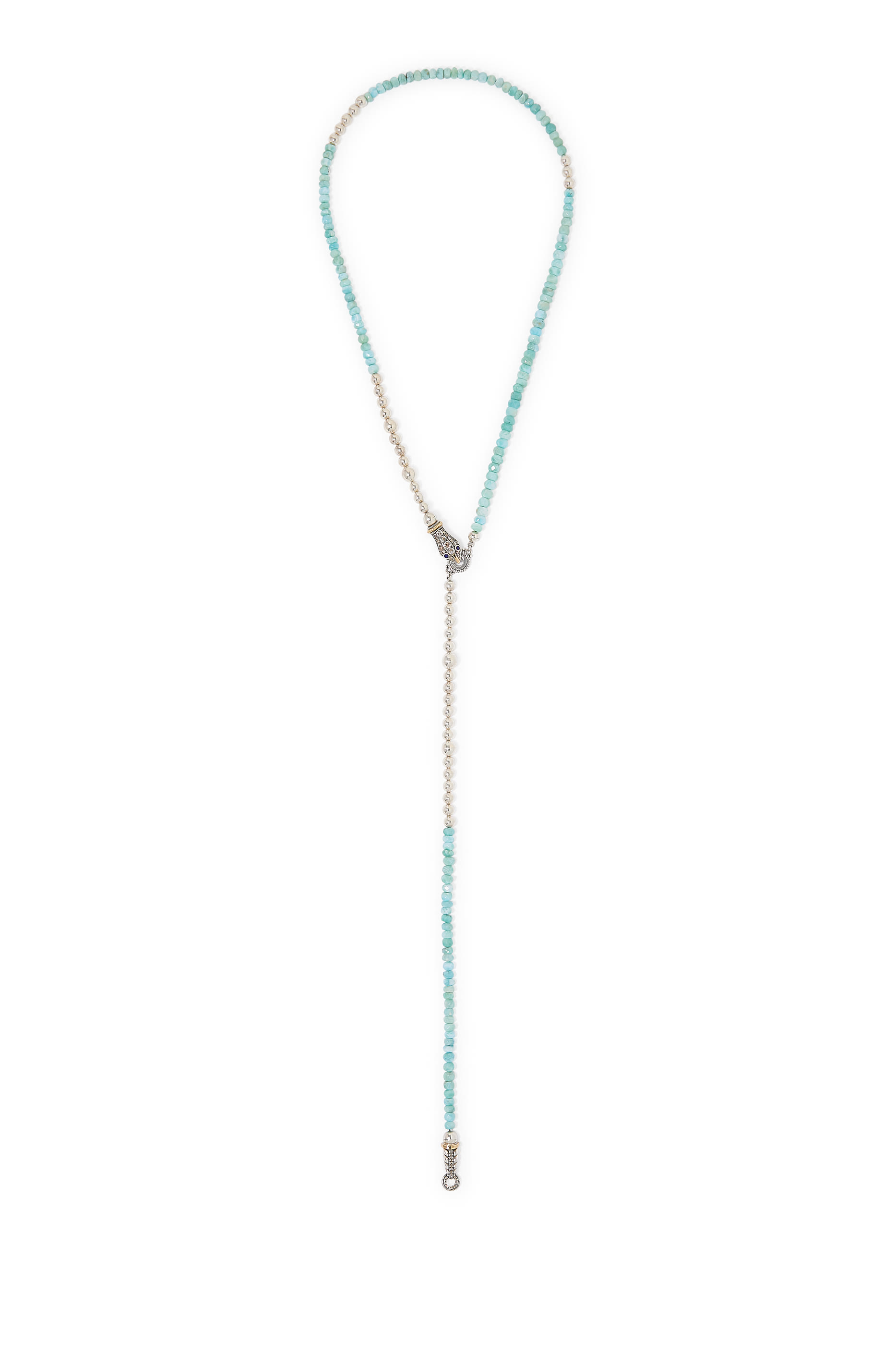 Beaded Snake Necklace, 18K Yellow Gold with Sterling Silver, Diamonds & Lapis-Larimar Beads