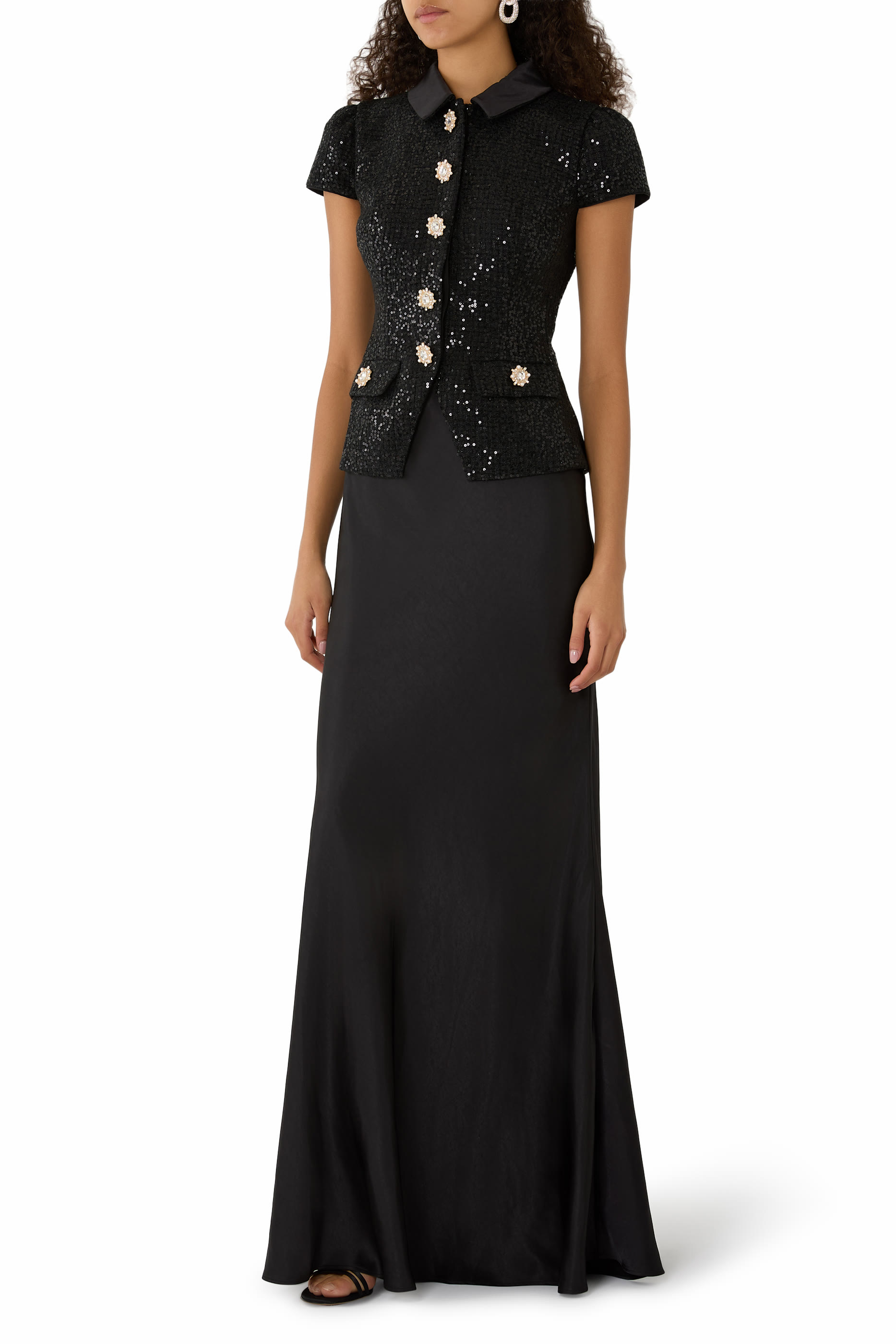 Sequin Boucle Satin Maxi Dress