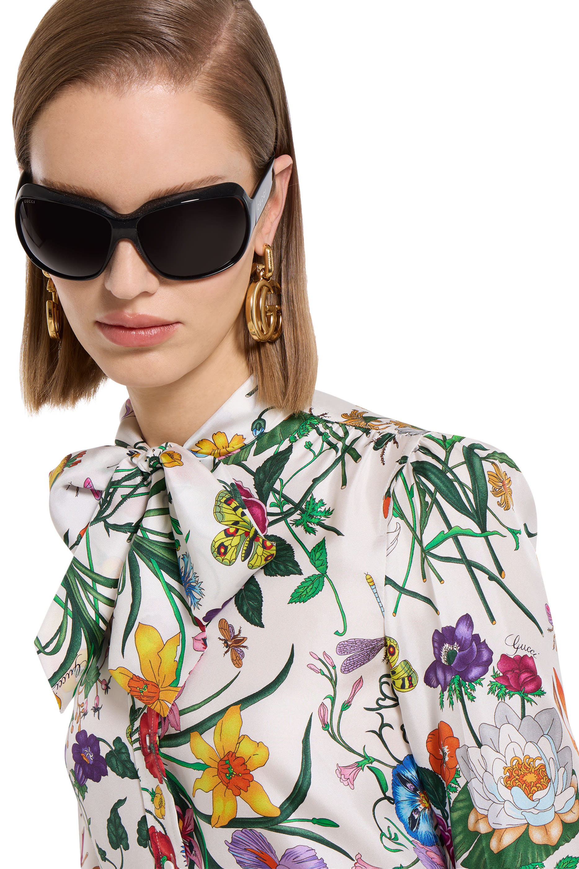 Printed Silk Twill Shirt with Bow