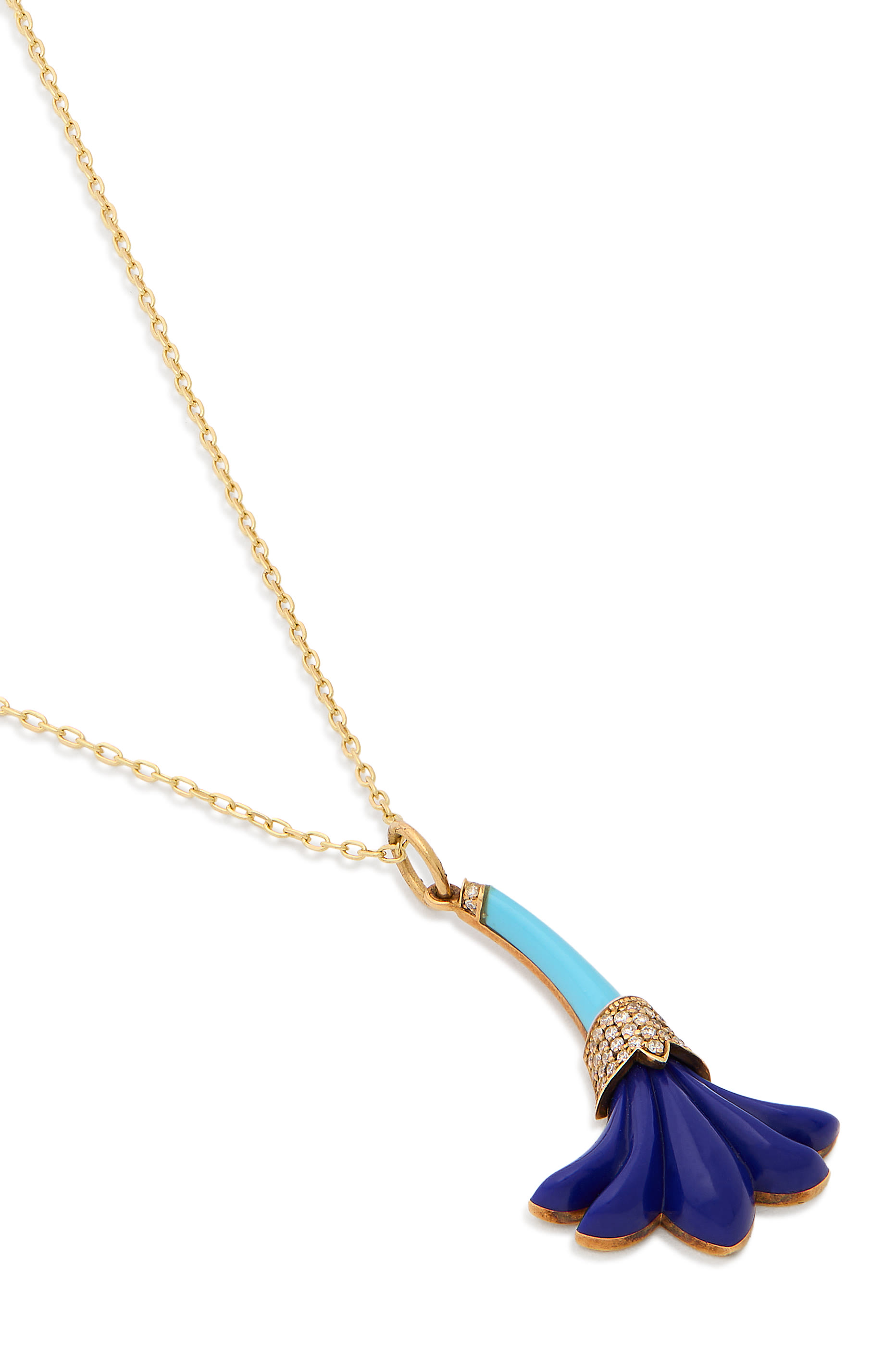 Psychedelia  Small Flower Necklace, 18K Yellow Gold with Diamonds, Lapis Lazuili & Turquoise
