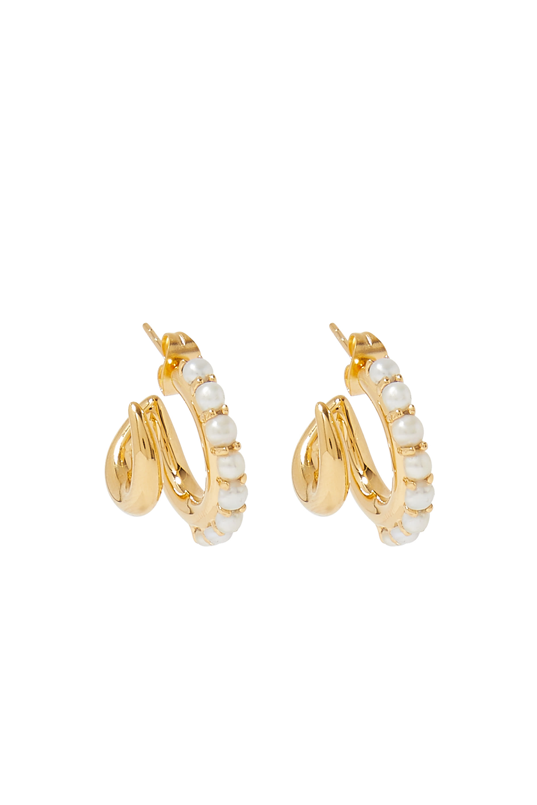 Claw Studded Double Hoop Earrings, 18K Yellow Gold Plated Brass & Pearls