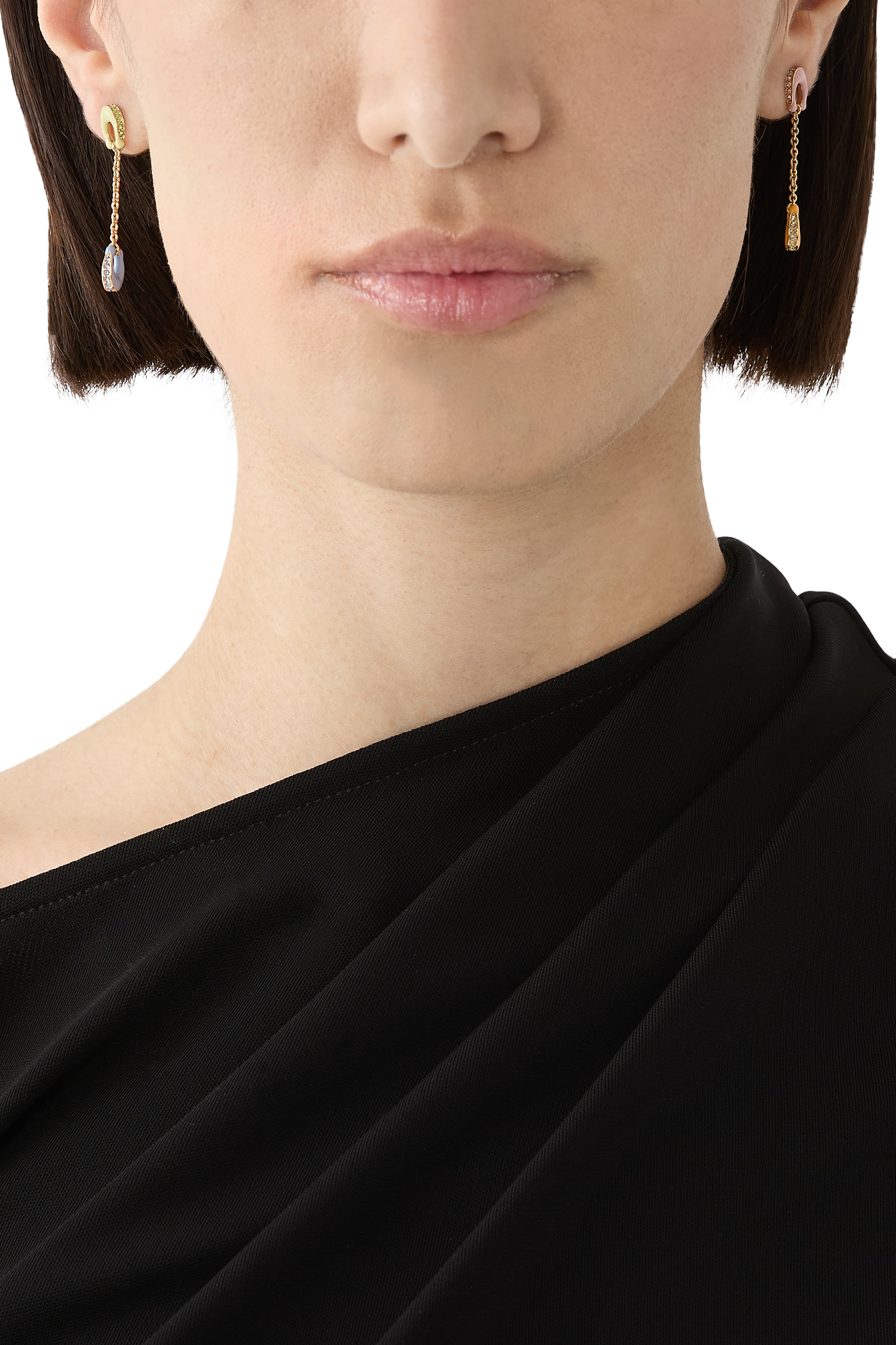 Signature Pave C Mismatch Linear Earrings, Brass, Titanium & Glass Crystal, Enamel