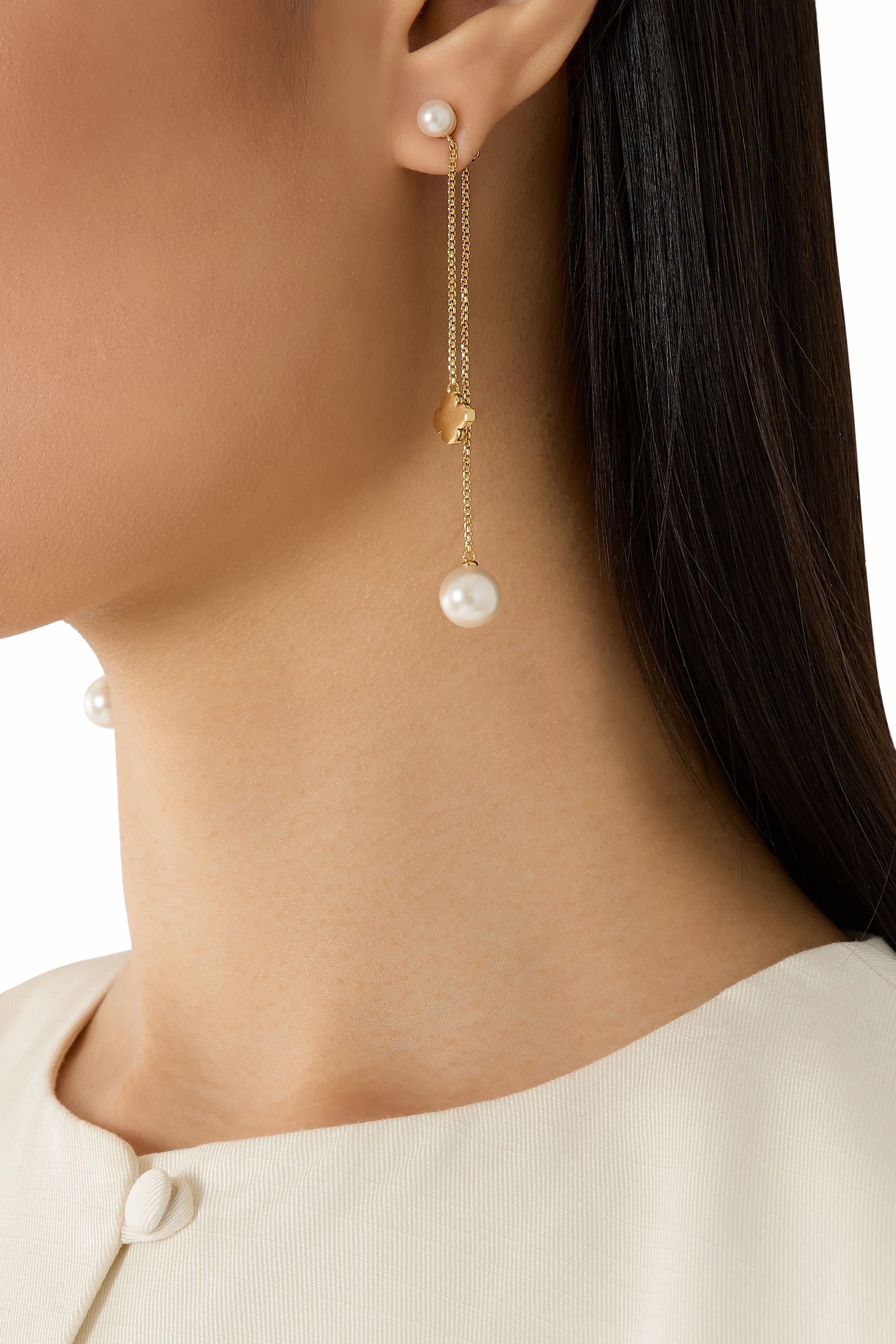 Spade Flower Pearl Chain Linear Earrings