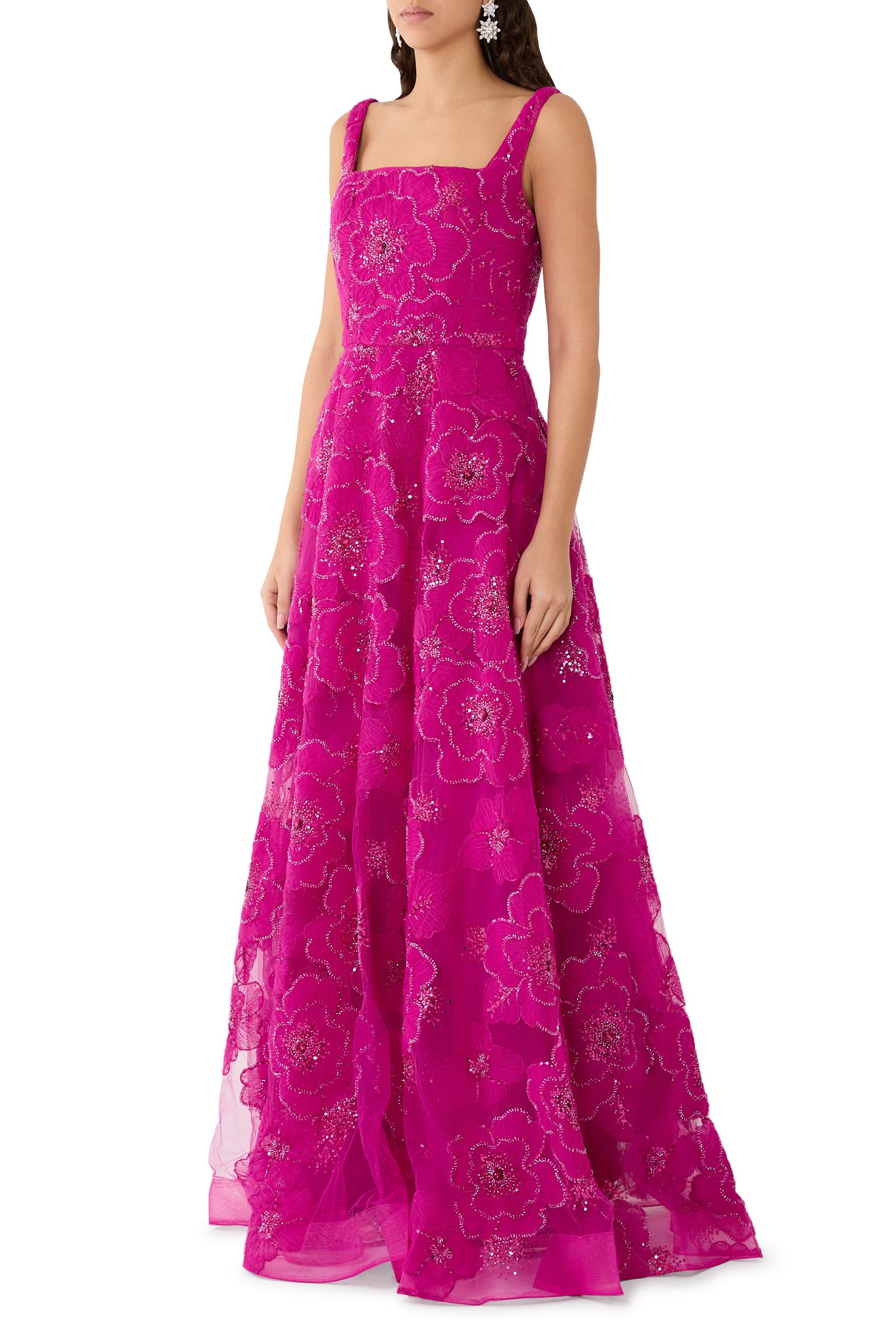 Floral Embellished Square Neck A-Line Gown