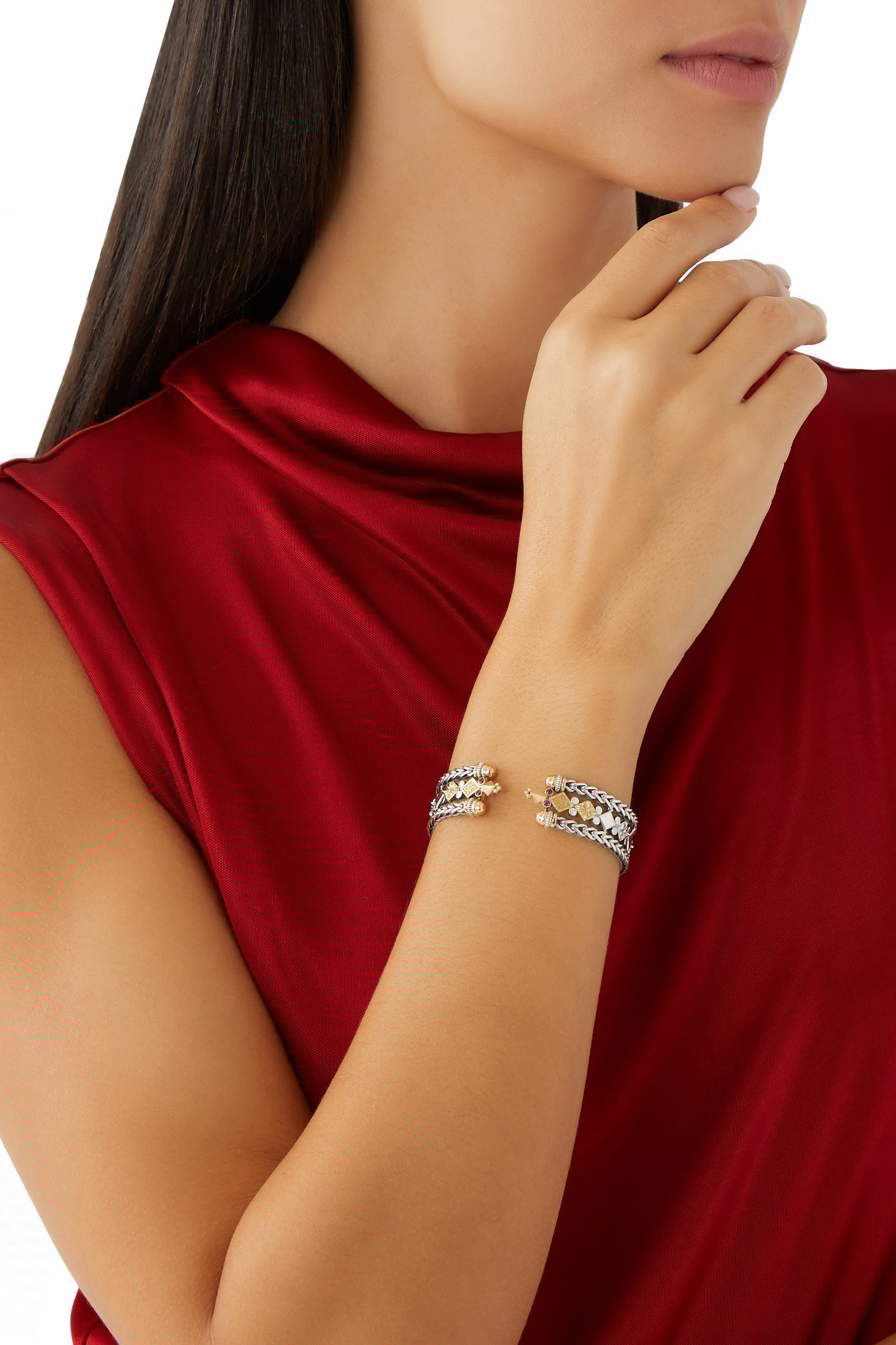 Roman Chain Bangle, 18K Gold with Sterling Silver, Brown Zircon & Rhodolite