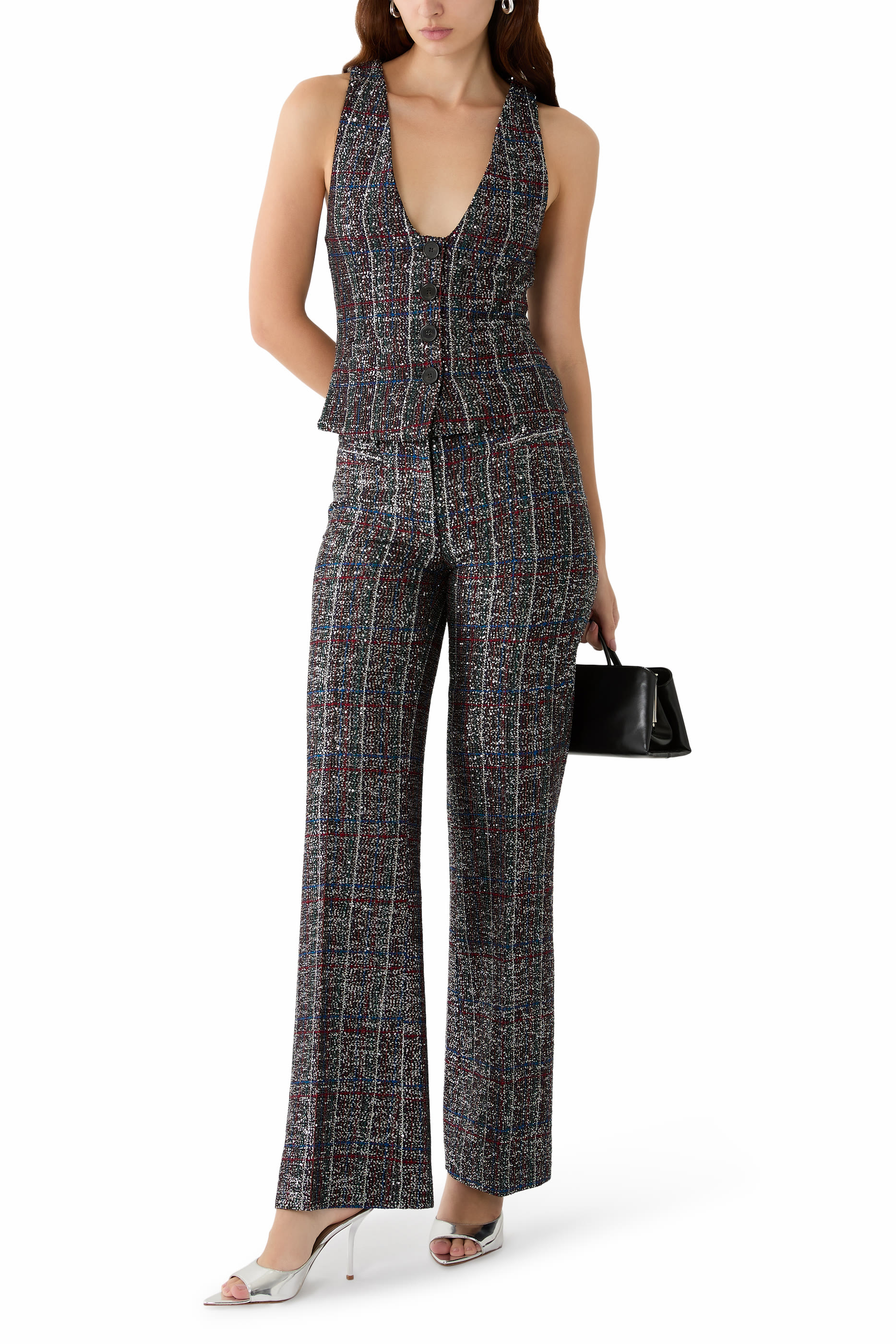 Flared Pants with Sequins in a Check Pattern