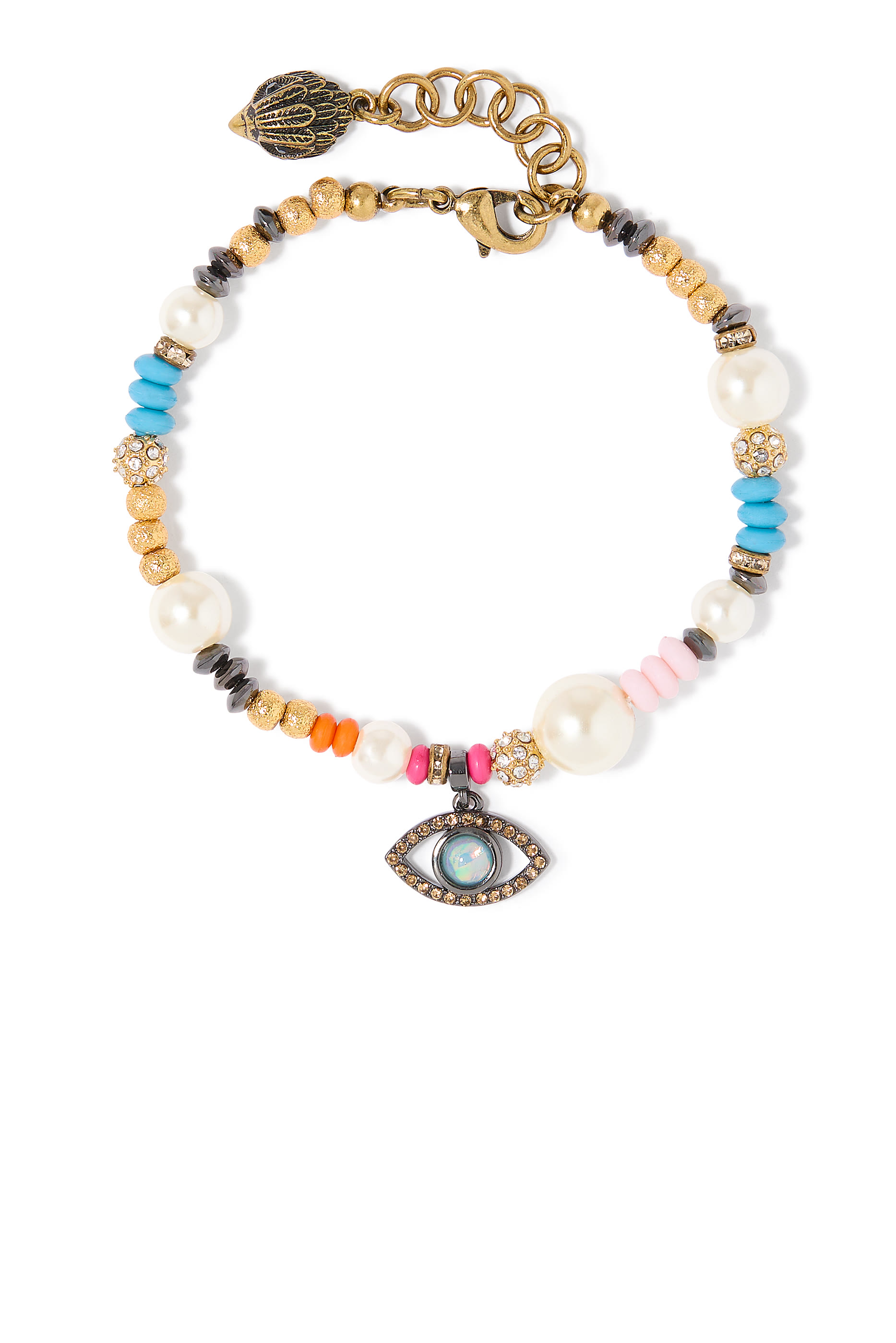 Evil Eye Charm Bead Bracelet, Brass & Acrylic Faux Pearl, Glass, Resin