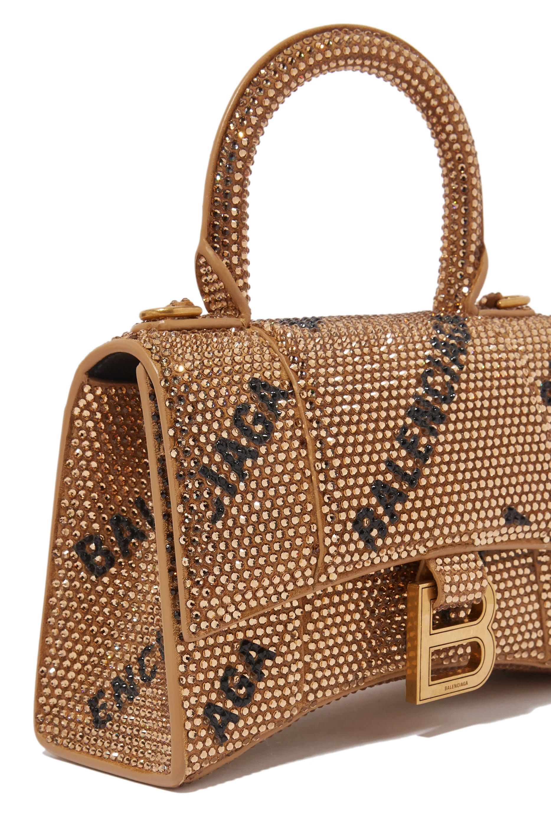 Hourglass Extra Small Handbag with Chain & All Over Logo Rhinestones