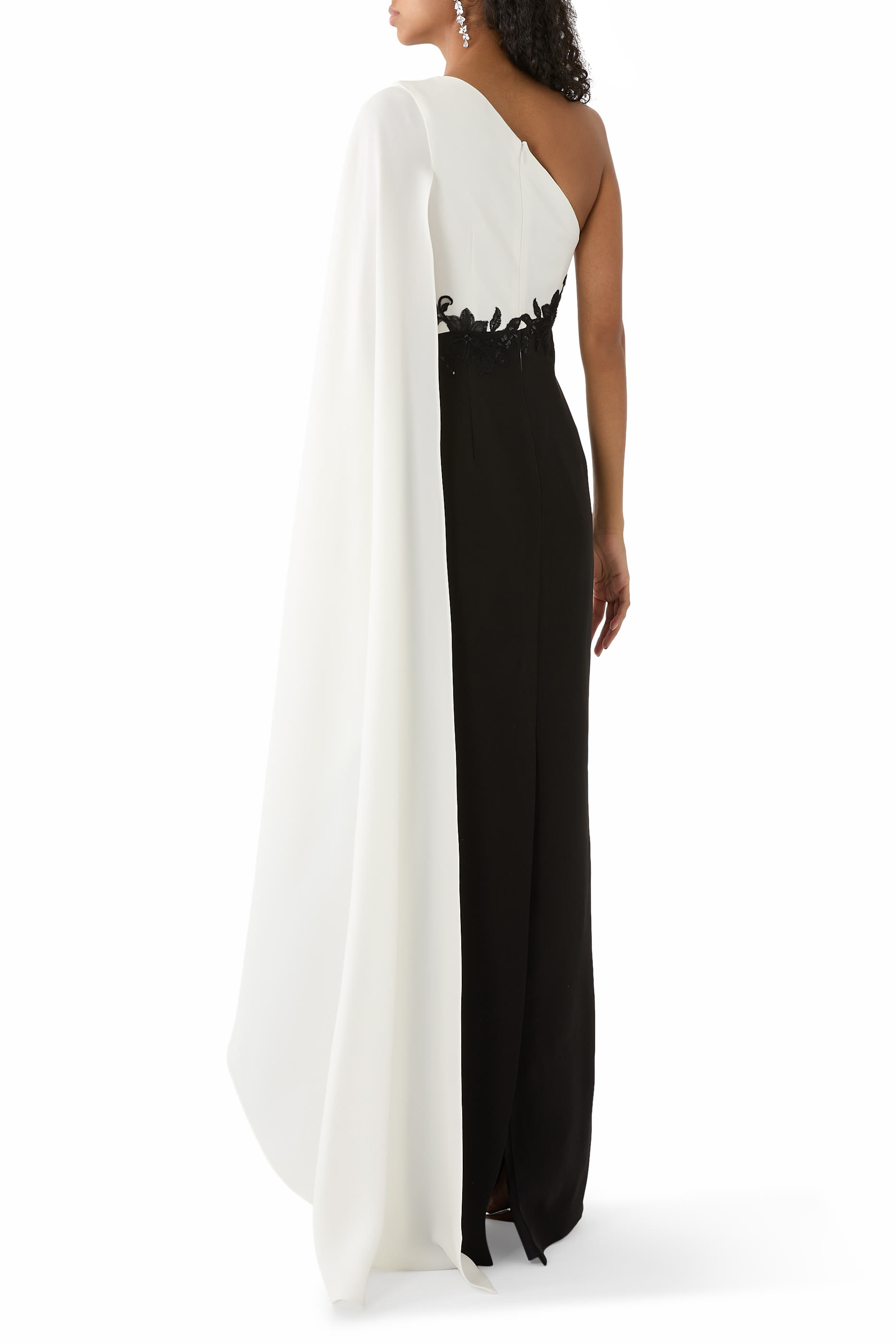 Crepe One-Shoulder Drape Sleeve Gown