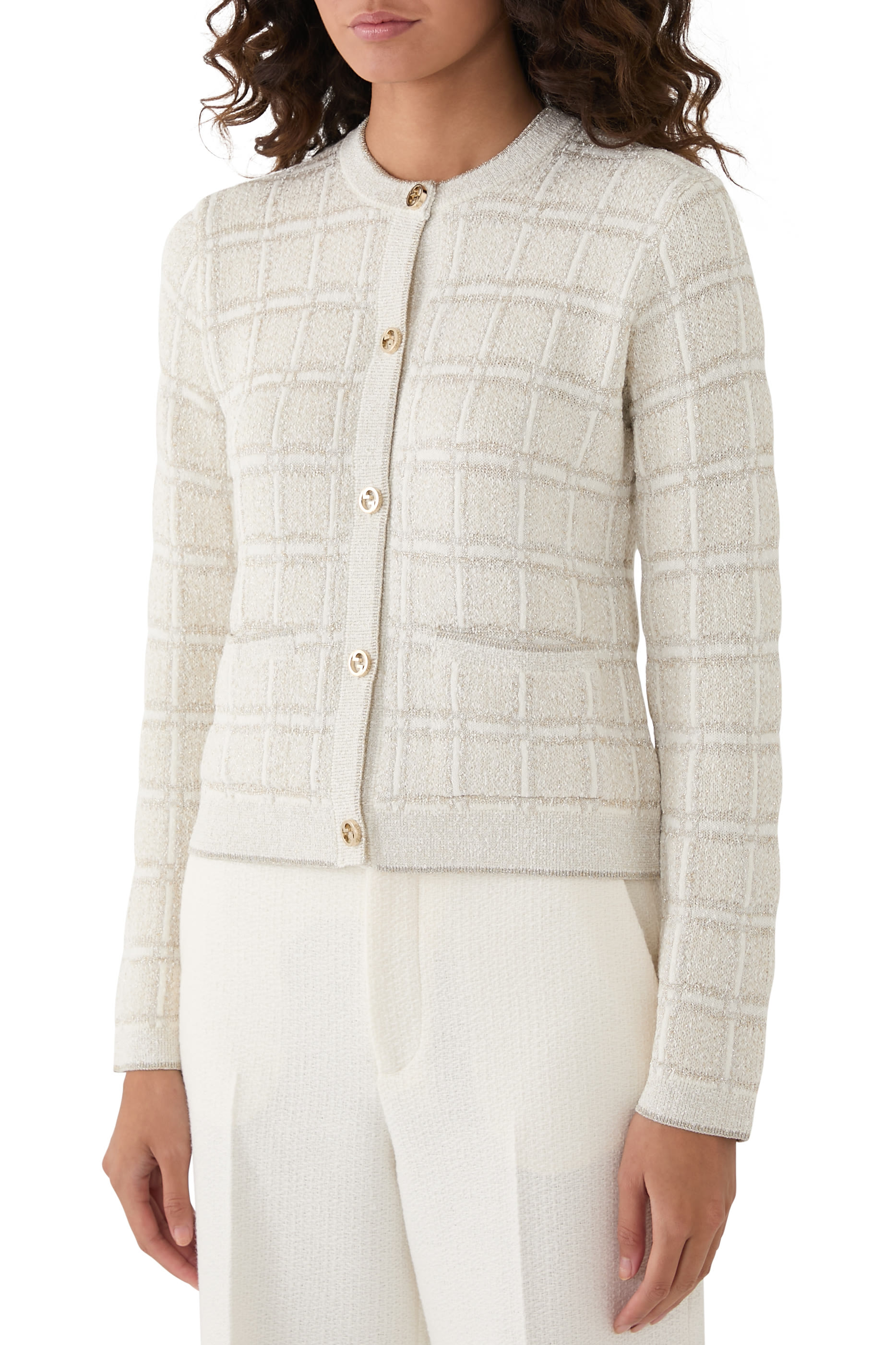 Check Jacquard Wool and Lam&eacute;  Cardigan