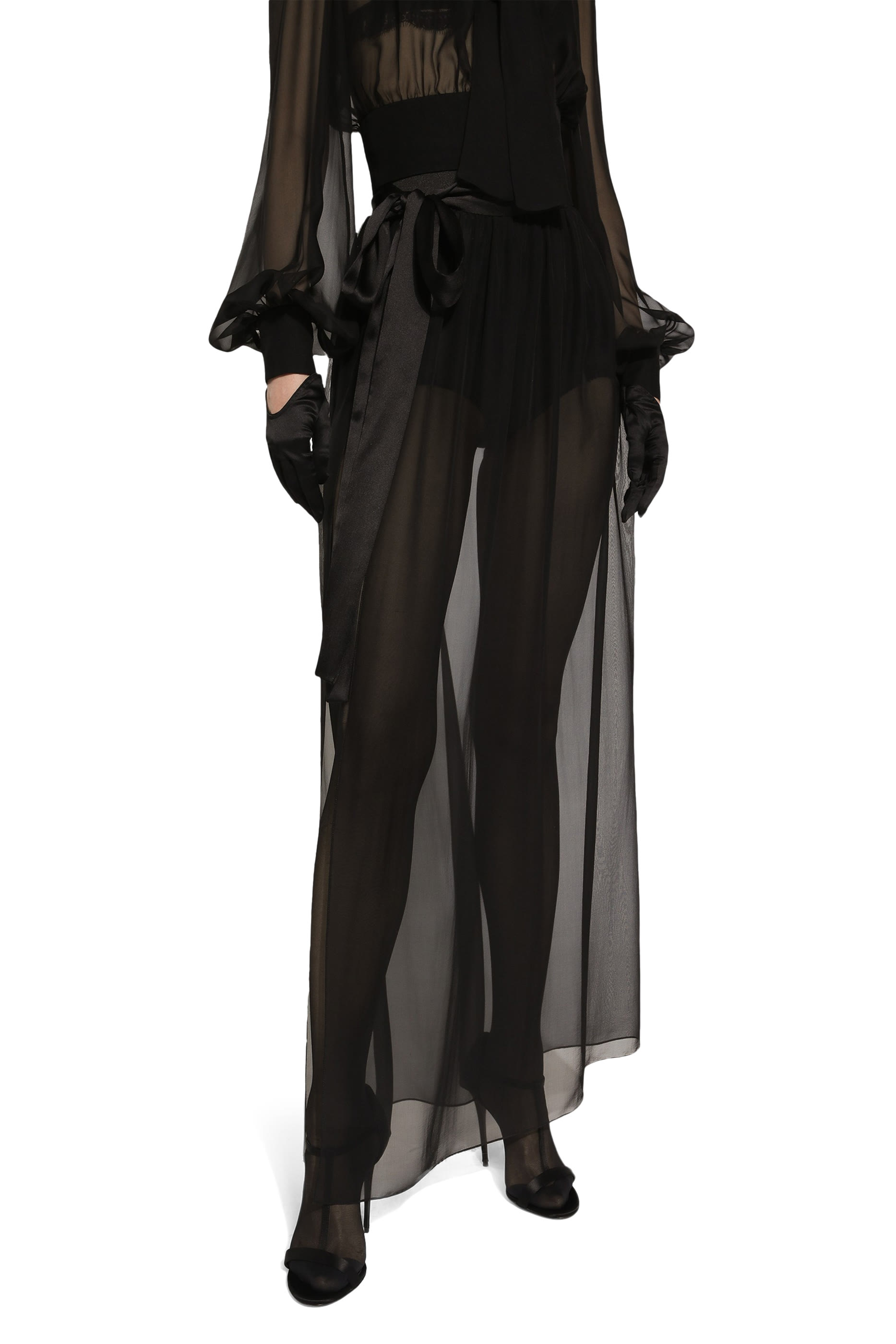 Long Silk Chiffon Skirt with Belt