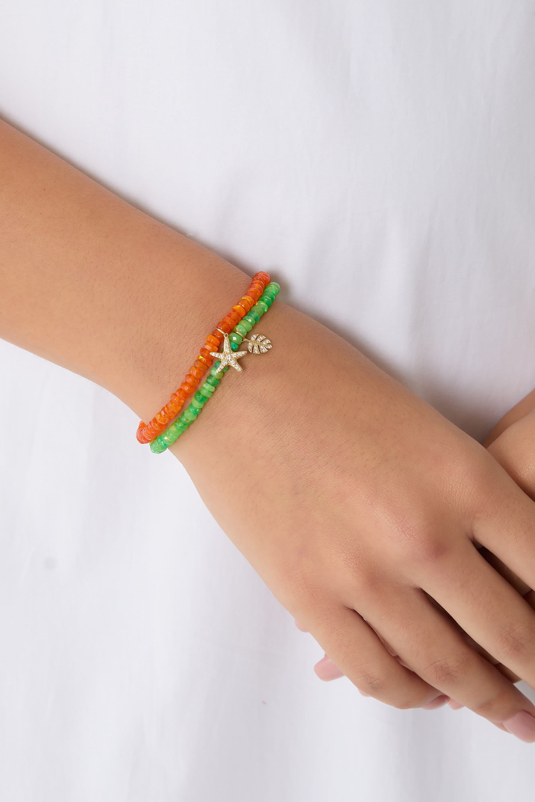 Tiny Monstera Leaf Charm Beaded Bracelet, 14k Yellow Gold & Diamonds, Ethiopian Opal