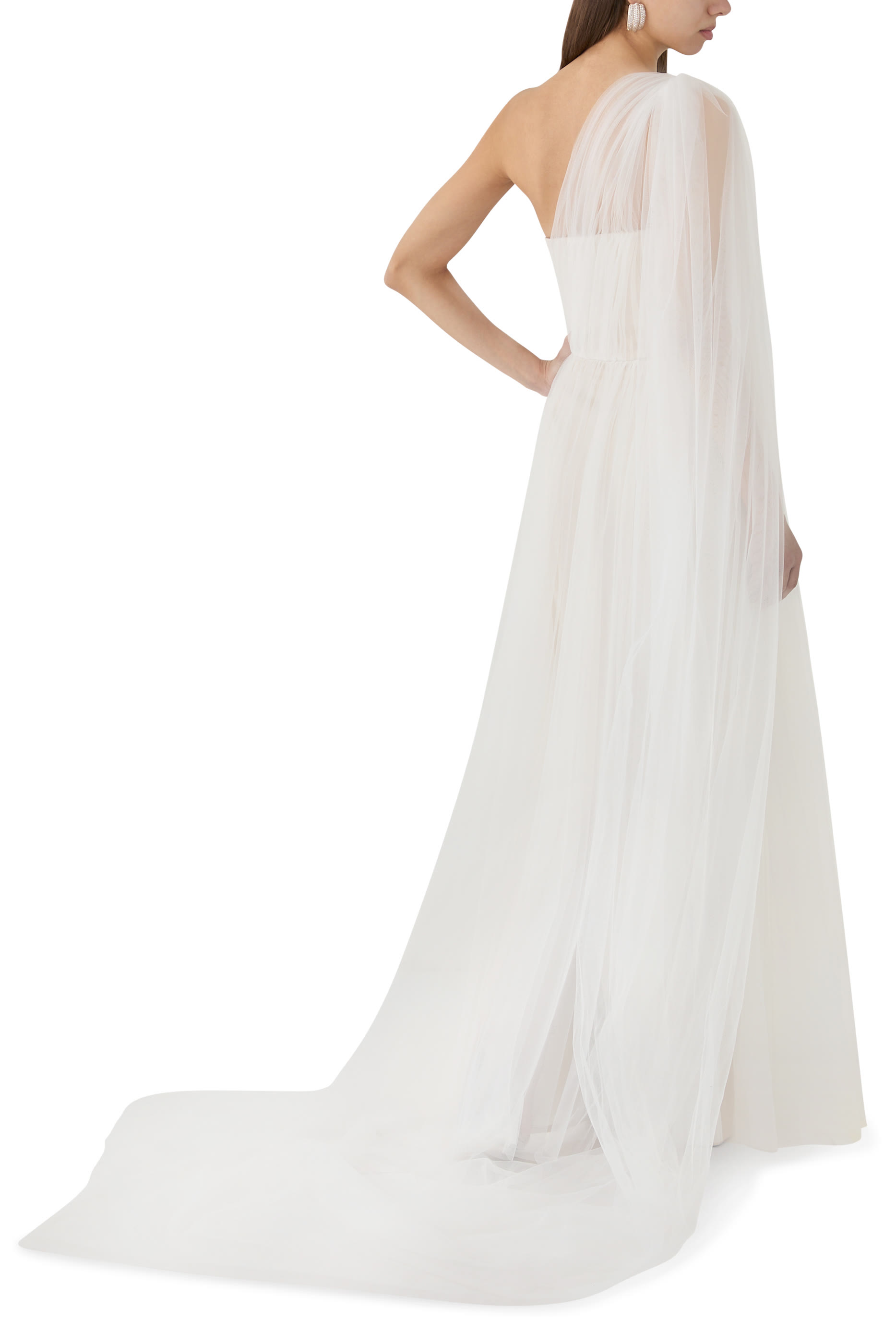 Asymmetrical Tulle Draped Gown with Side Train