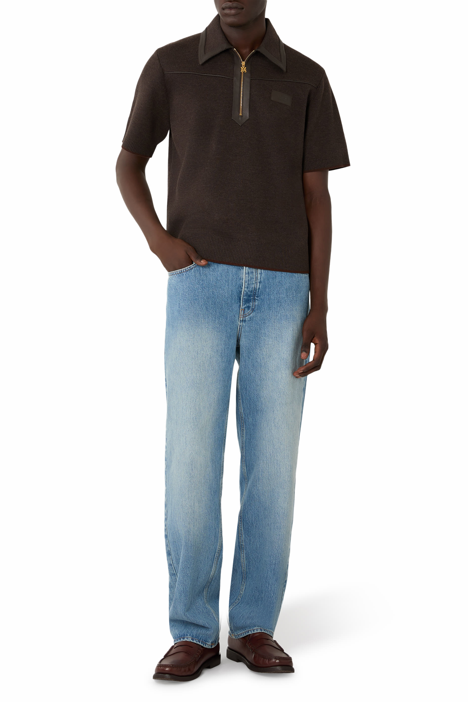 Leather Trim Knit Zipped Polo