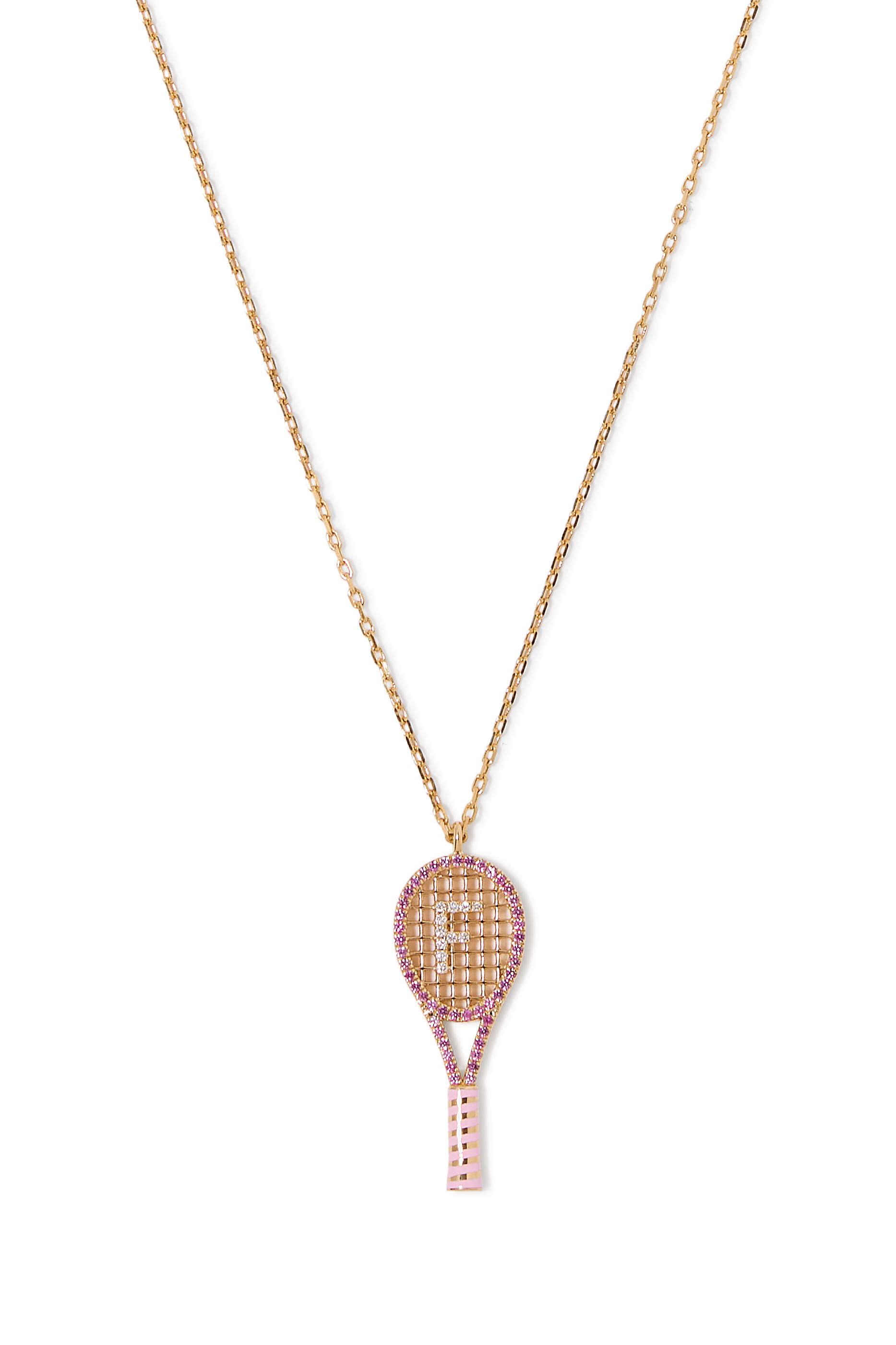 Letter 'F' Tennis Racket Necklace,  18K Yellow Gold with Diamonds & Sapphires