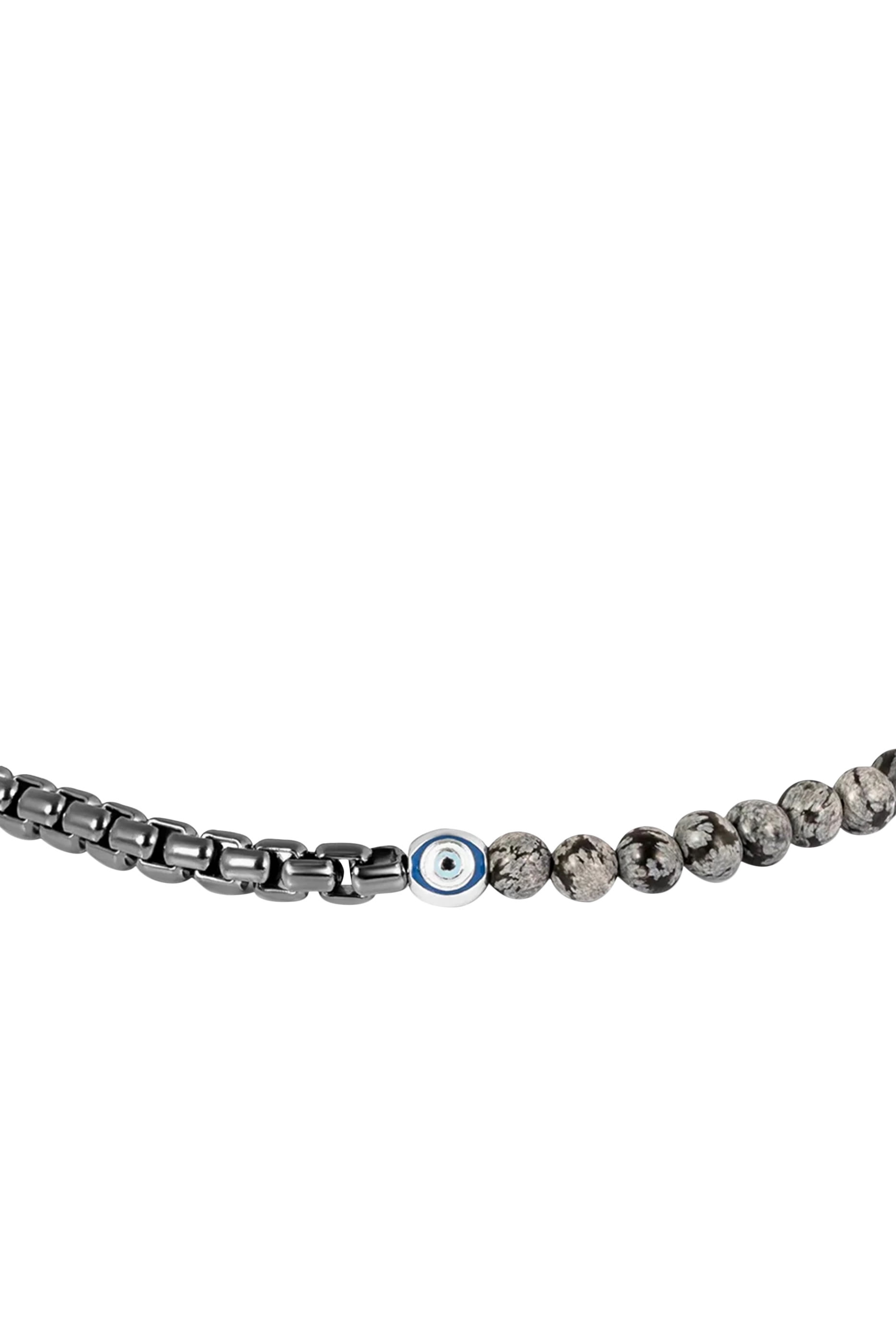 Sennit Box Evil Eye Bracelet,  Rhodium Plated Sterling Silver & Snowflake Obsidian