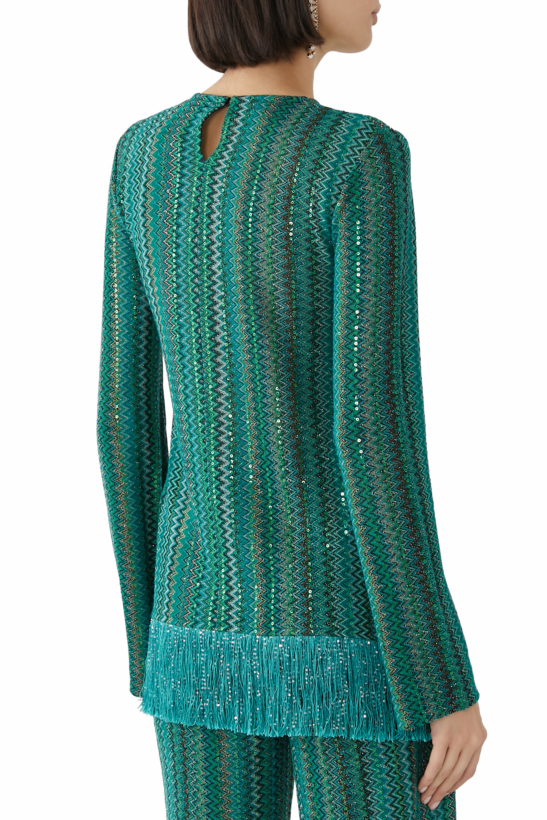 Exclusive Chevron Raschel Sequinned Asymmetrical Fringed Top