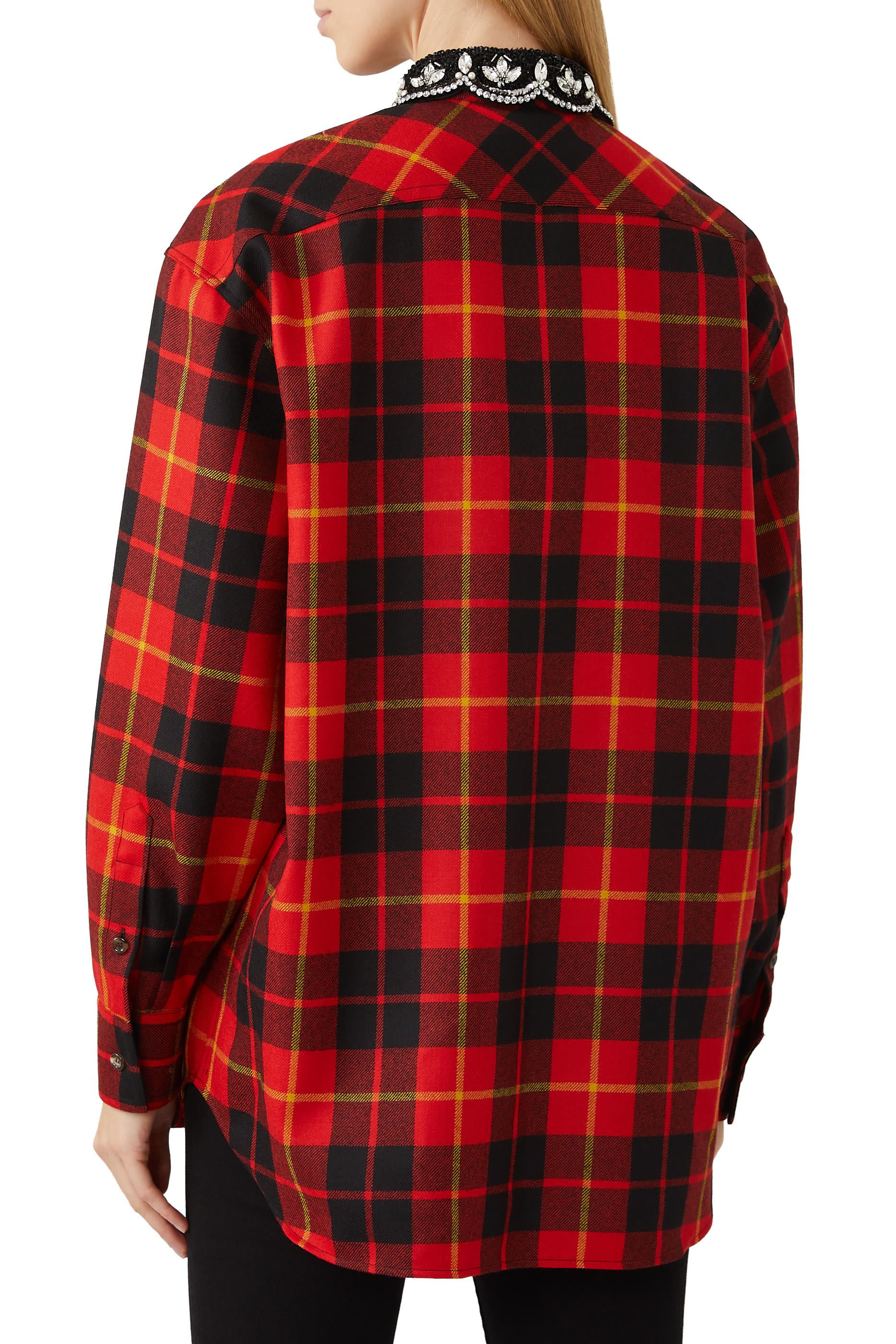 Tartan Wool Shirt with Embroidered Collar