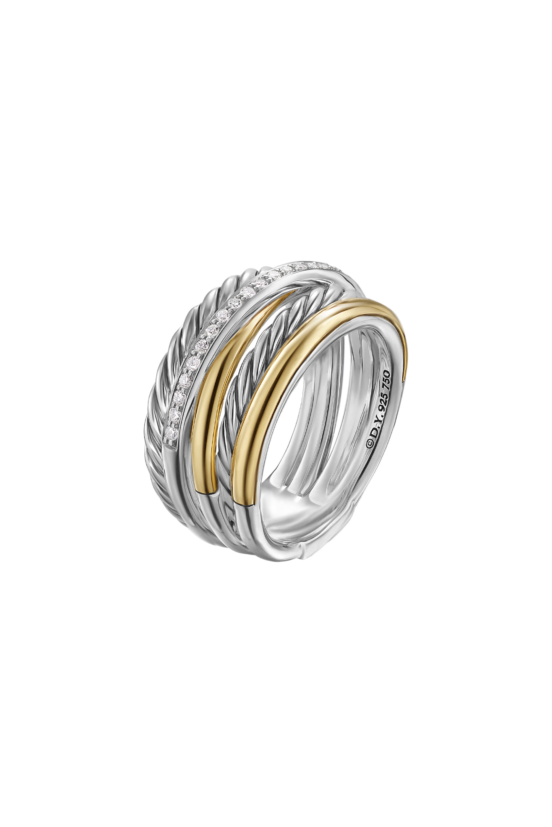 Crossover Five Row Ring, 18k Yellow Gold with Sterling Silver & Diamonds