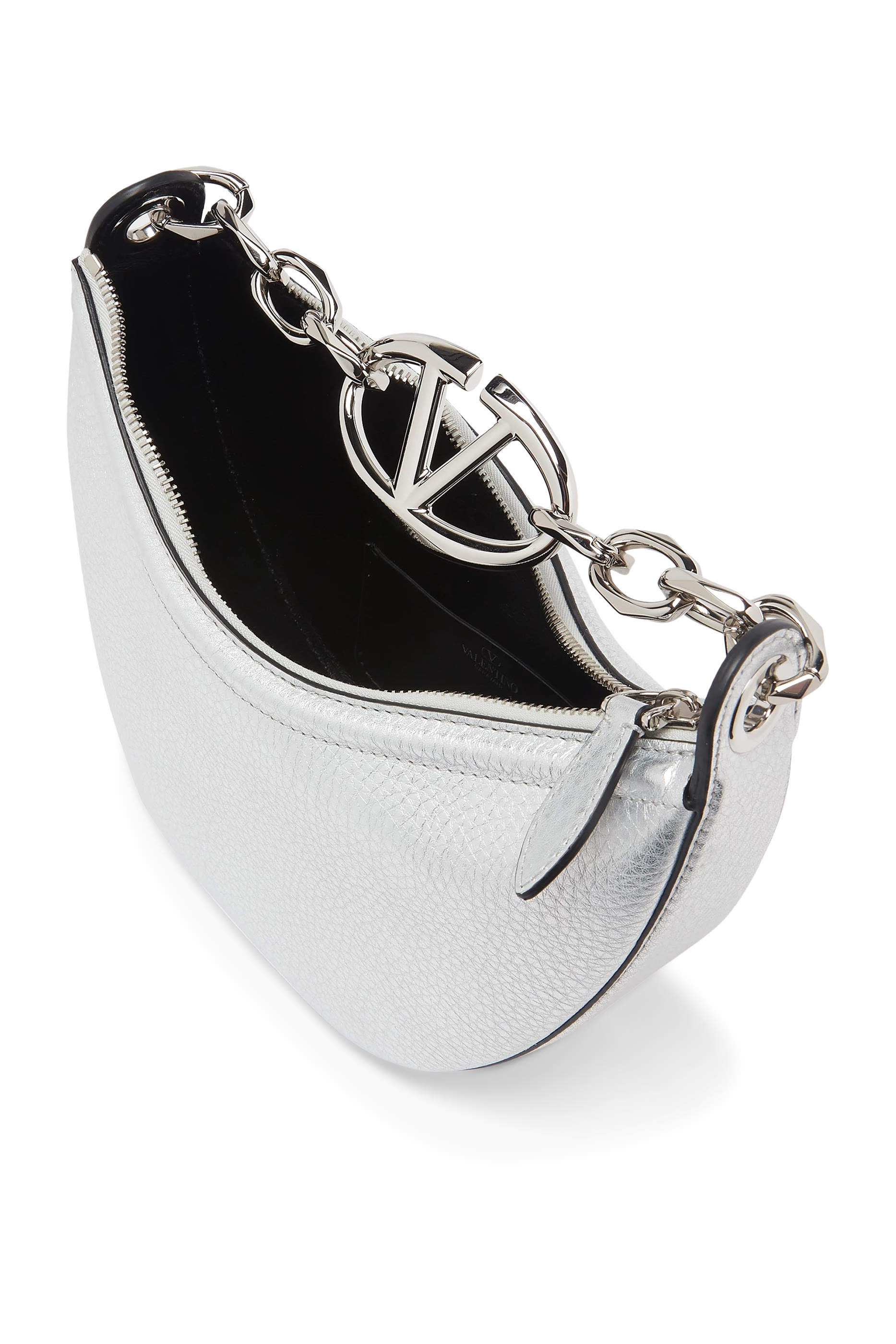 VLogo Metallic Grainy Calfskin Moon Mini Hobo Bag with Chain