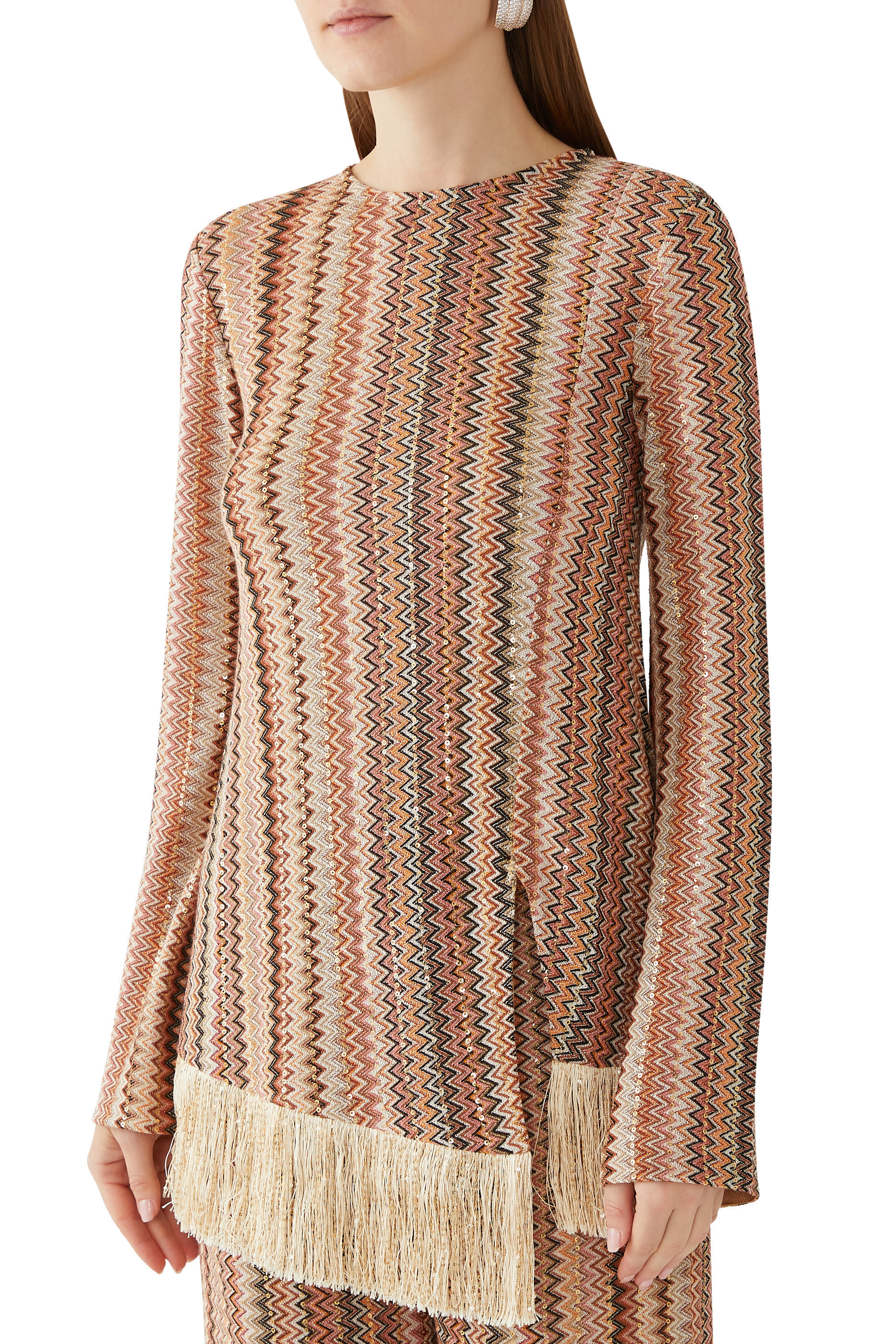 Exclusive Chevron Raschel Sequinned Asymmetrical Fringed Top