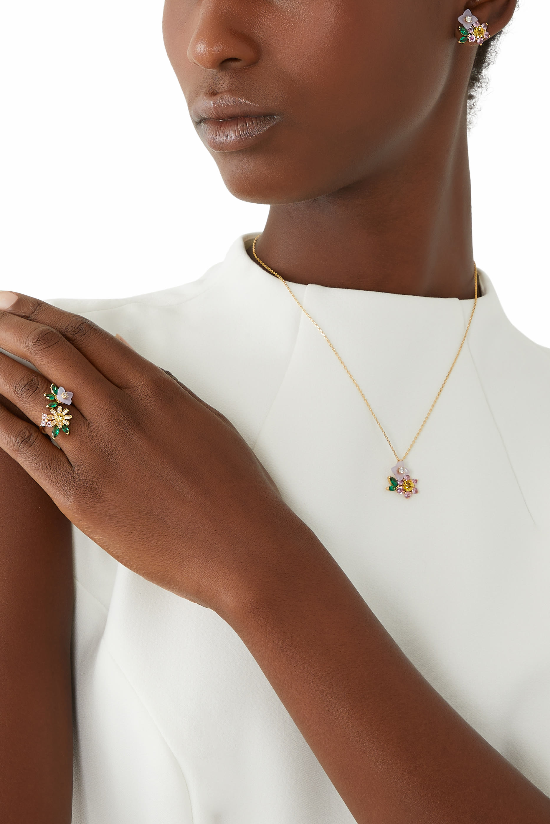 Bursting Blooms Pendant, Brass & Cubic Zirconia, Czech Glass Stone, Resin