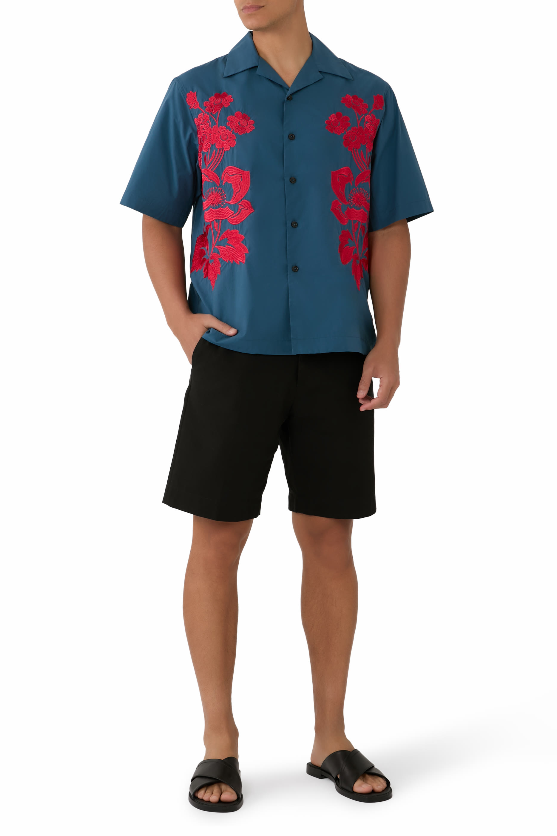 Embroidered Peonies Bowling Shirt