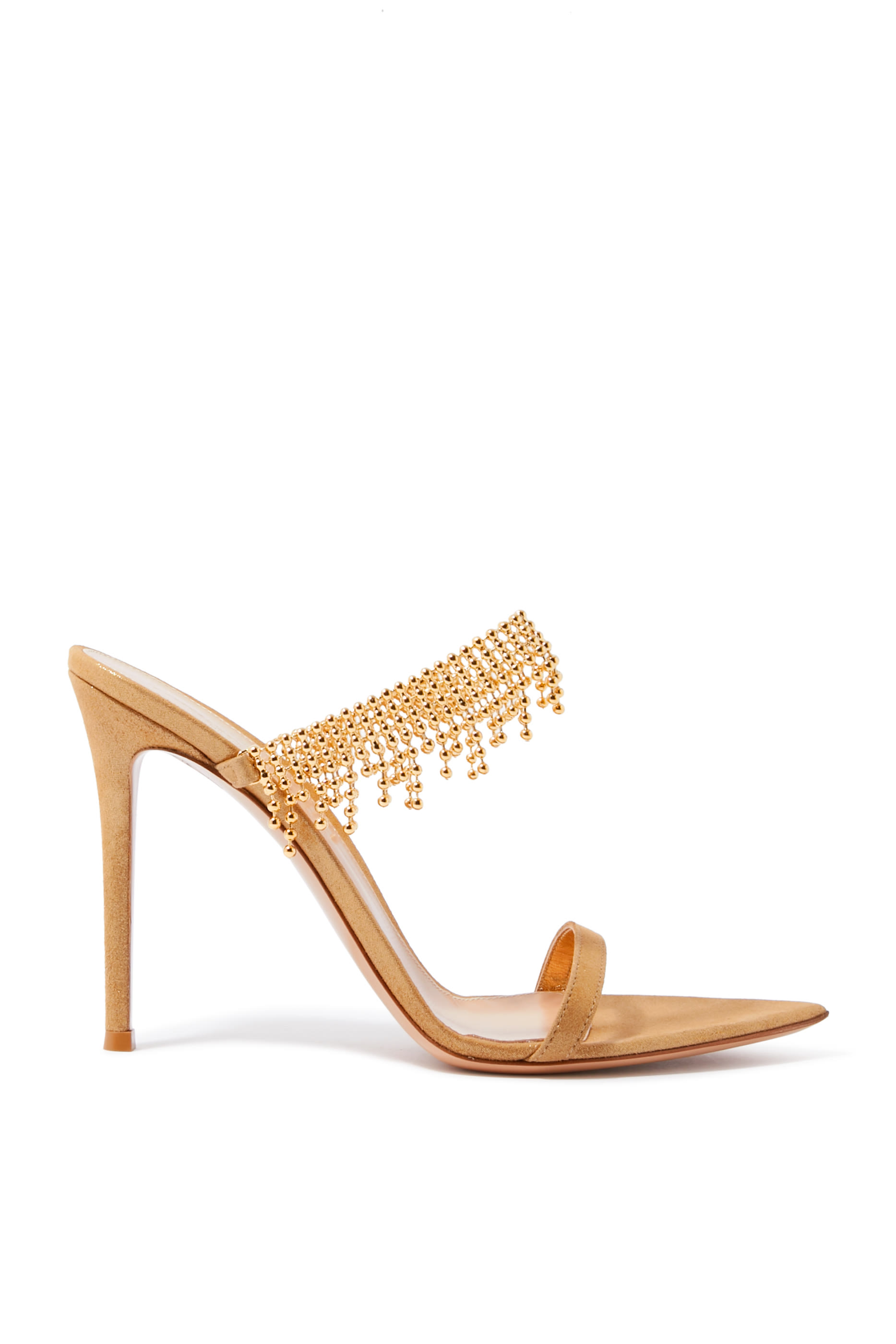 Soleil Pearl 105 Embellished Metallic Leather Double Strap Mules