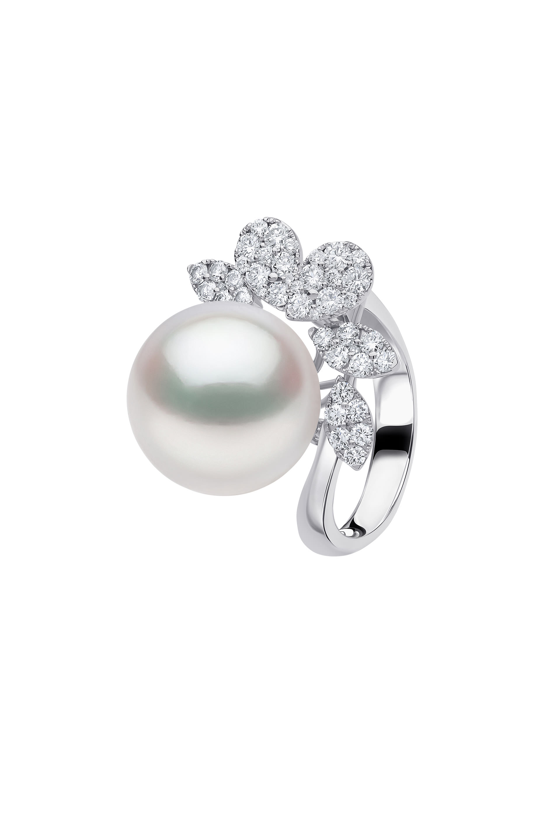  Duchess Flower Flutter Ring, 18K White Gold with South Sea Pearl & Diamonds