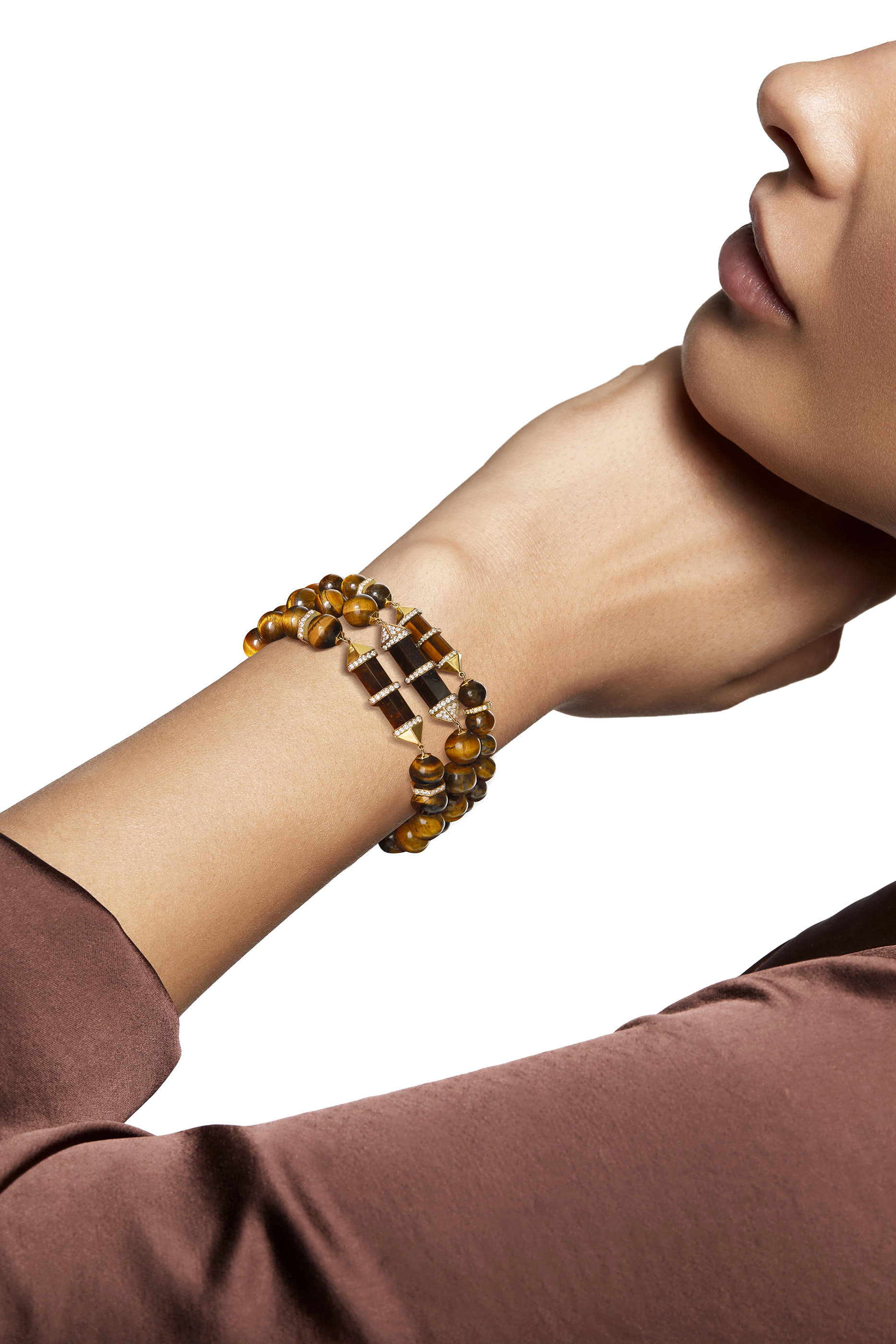 Chakra Medium Horizontal Beaded Bracelet, 18k Yellow Gold with Diamonds & Tiger's Eye