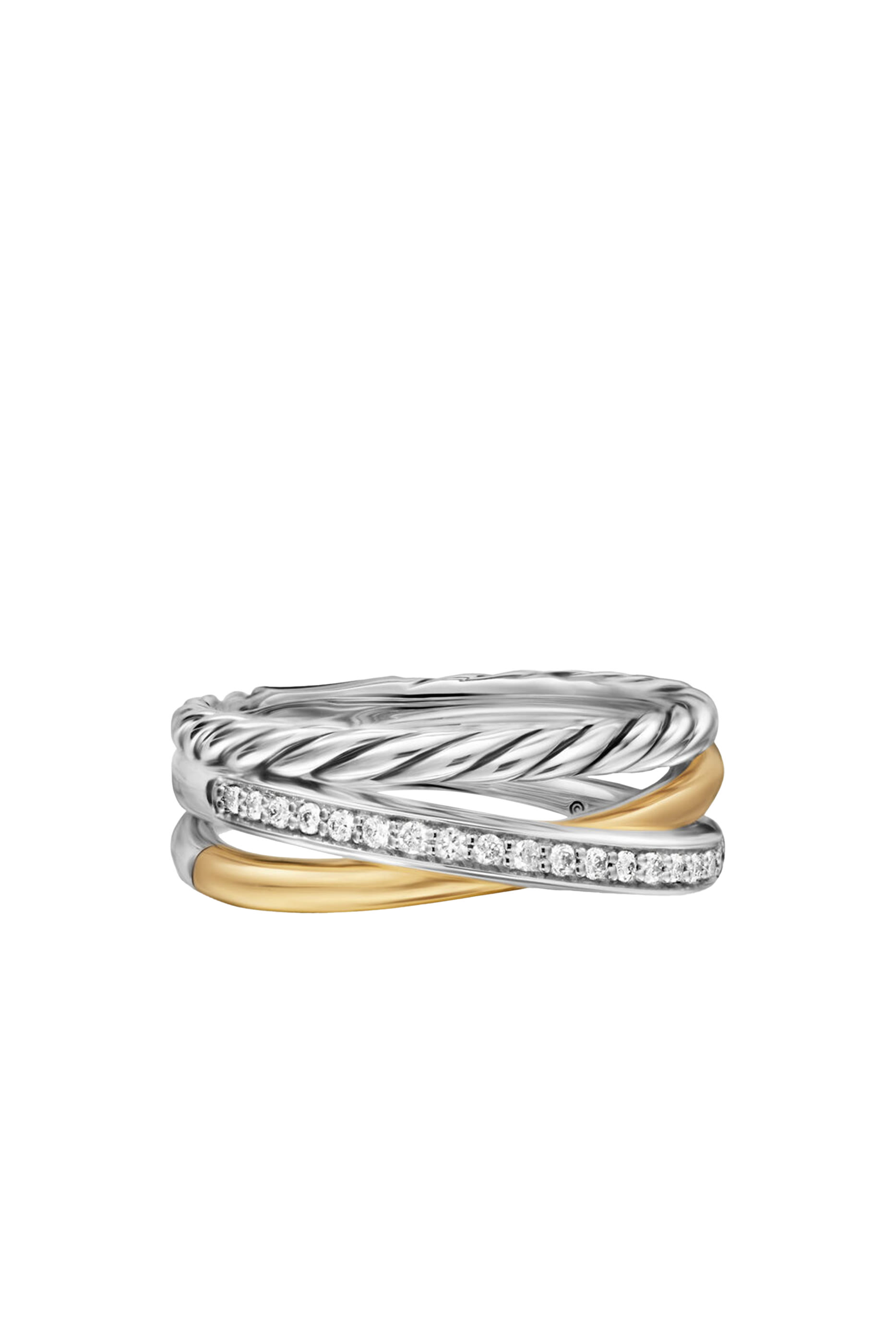 Crossover Three Row Ring, Sterling Silver with 18K Yellow Gold & Diamonds