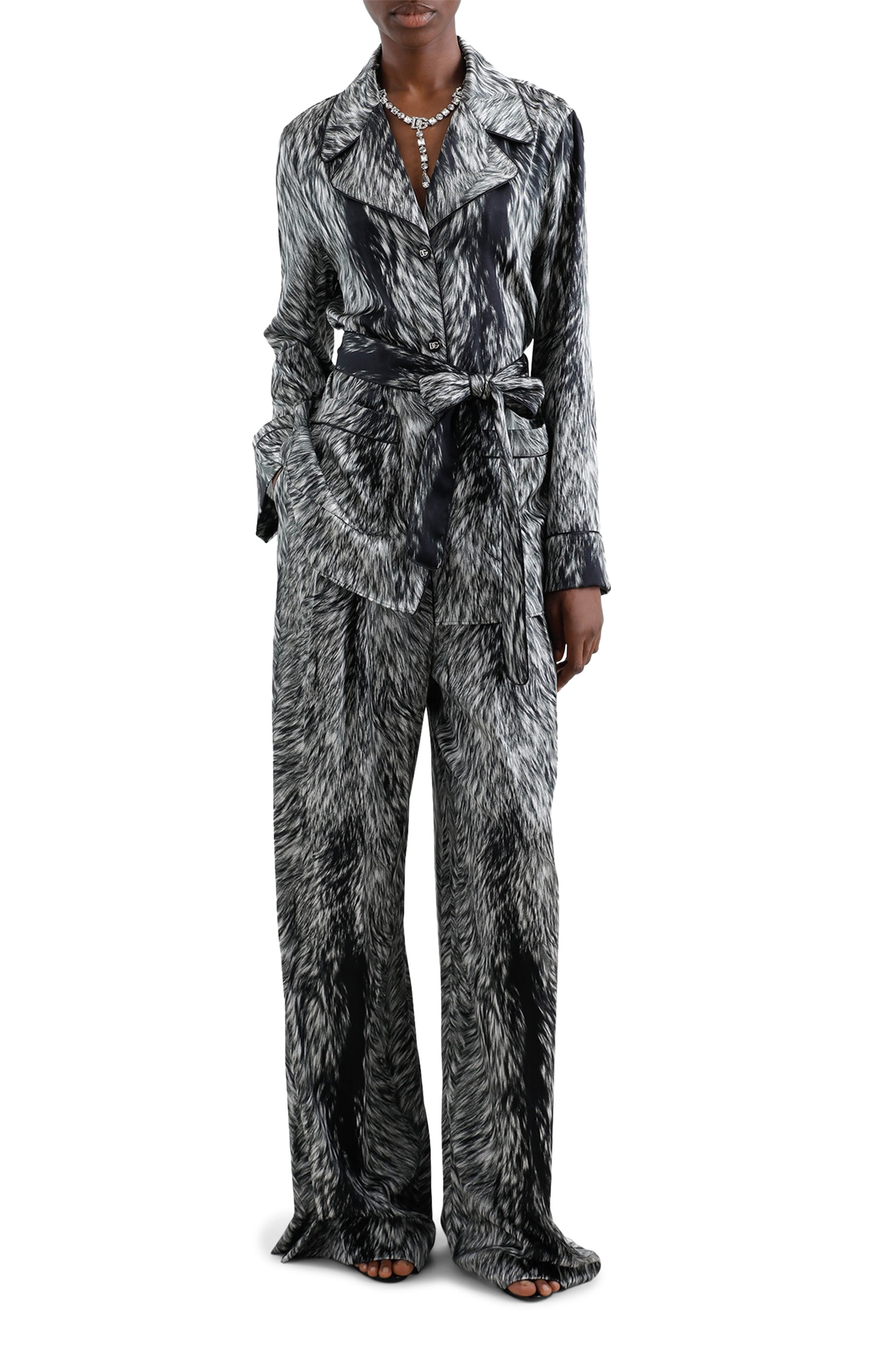 Silk Satin Pajama Shirt with Fur Print