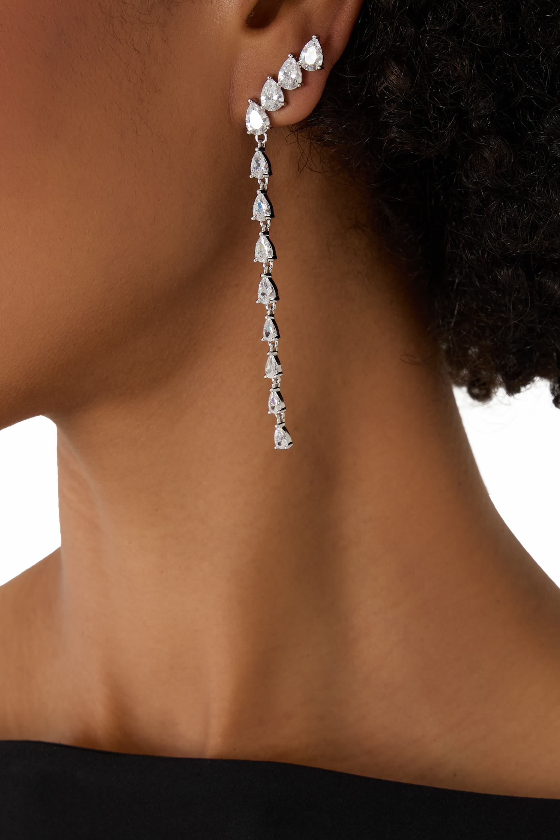 Linear Drop Earrings, Rhodium Plated Brass &  Cubic Zirconia