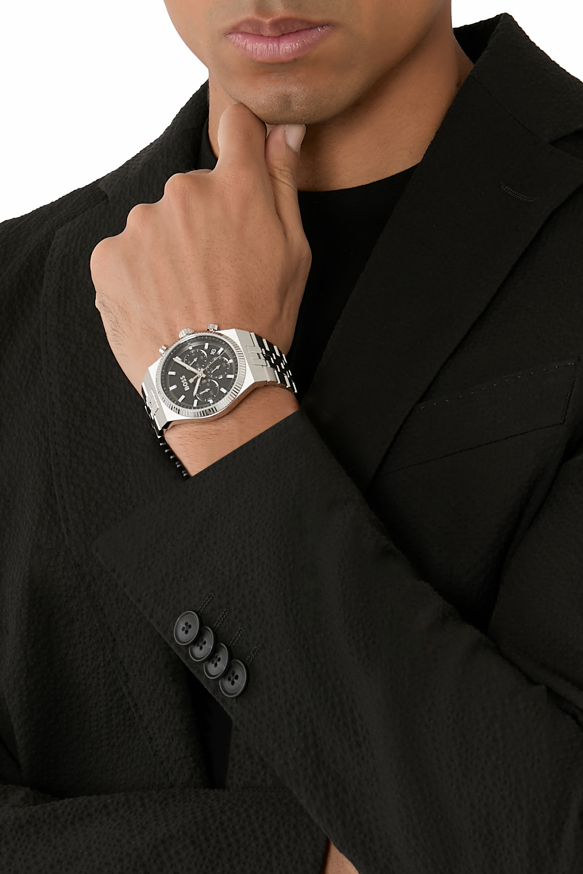  Candor Black-Dial Chronograph Watch with Fluted Bezel 