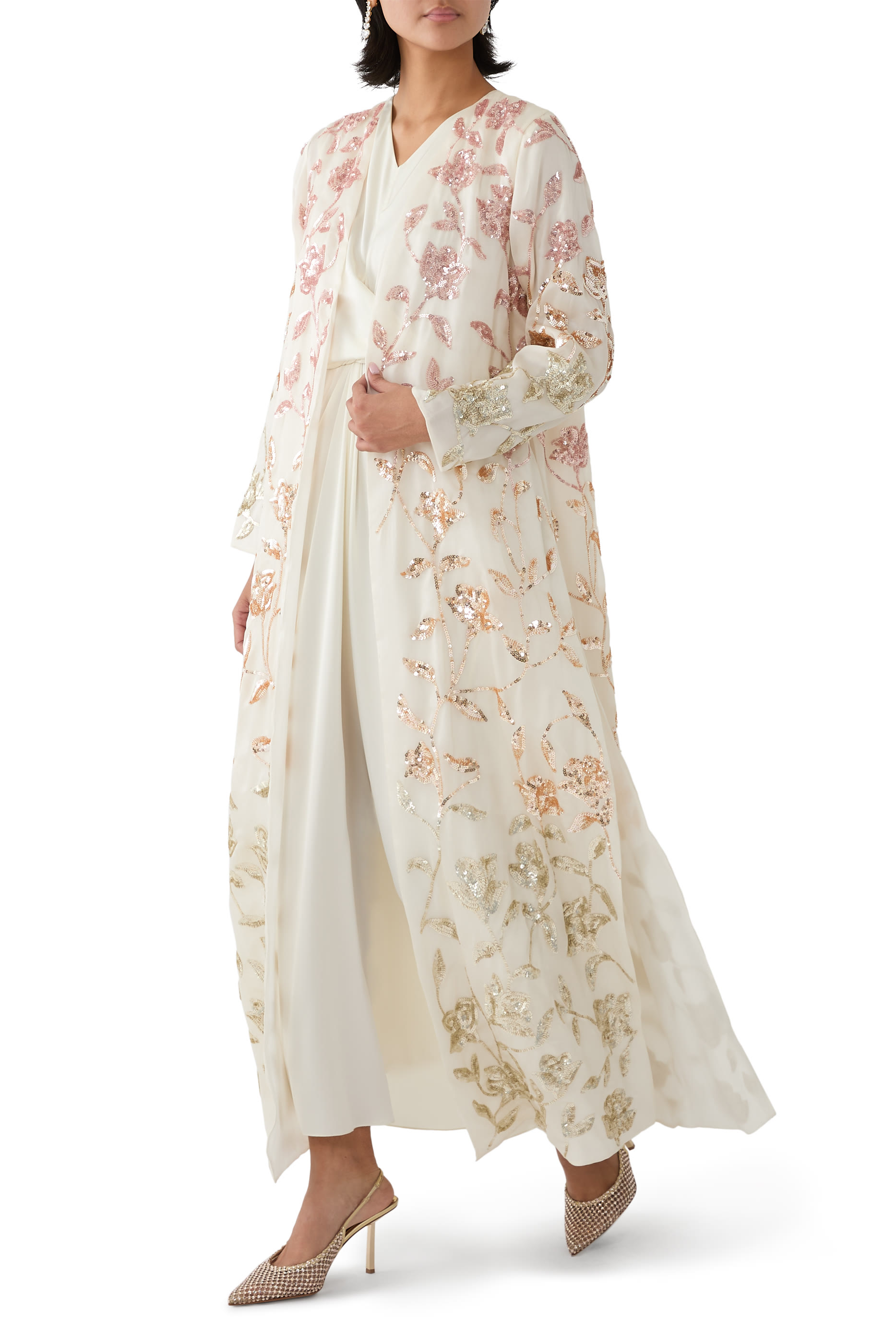 All-Over Sequin Embellished Organza Cape with Inner Dress