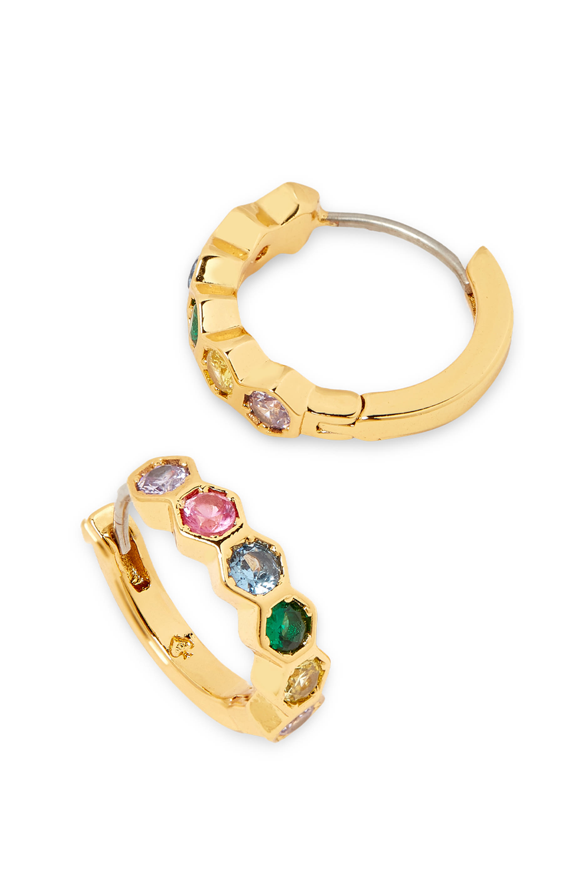 On the Ball Hexagon Huggies, Plated Metal, Surgical Steel Posts & Cubic Zirconia