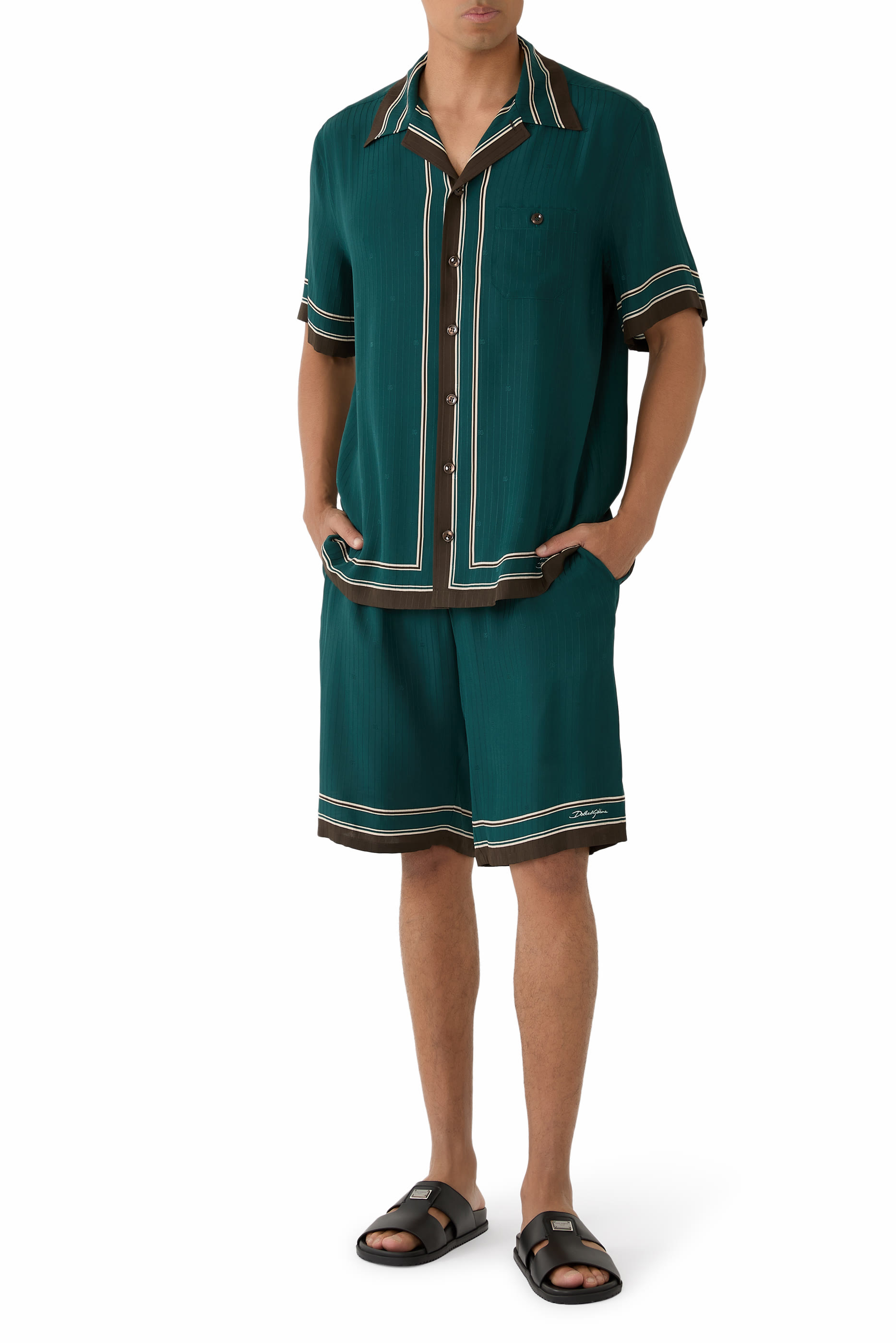  Logo & Stripe-Print Vanity Silk Bermuda Shorts 