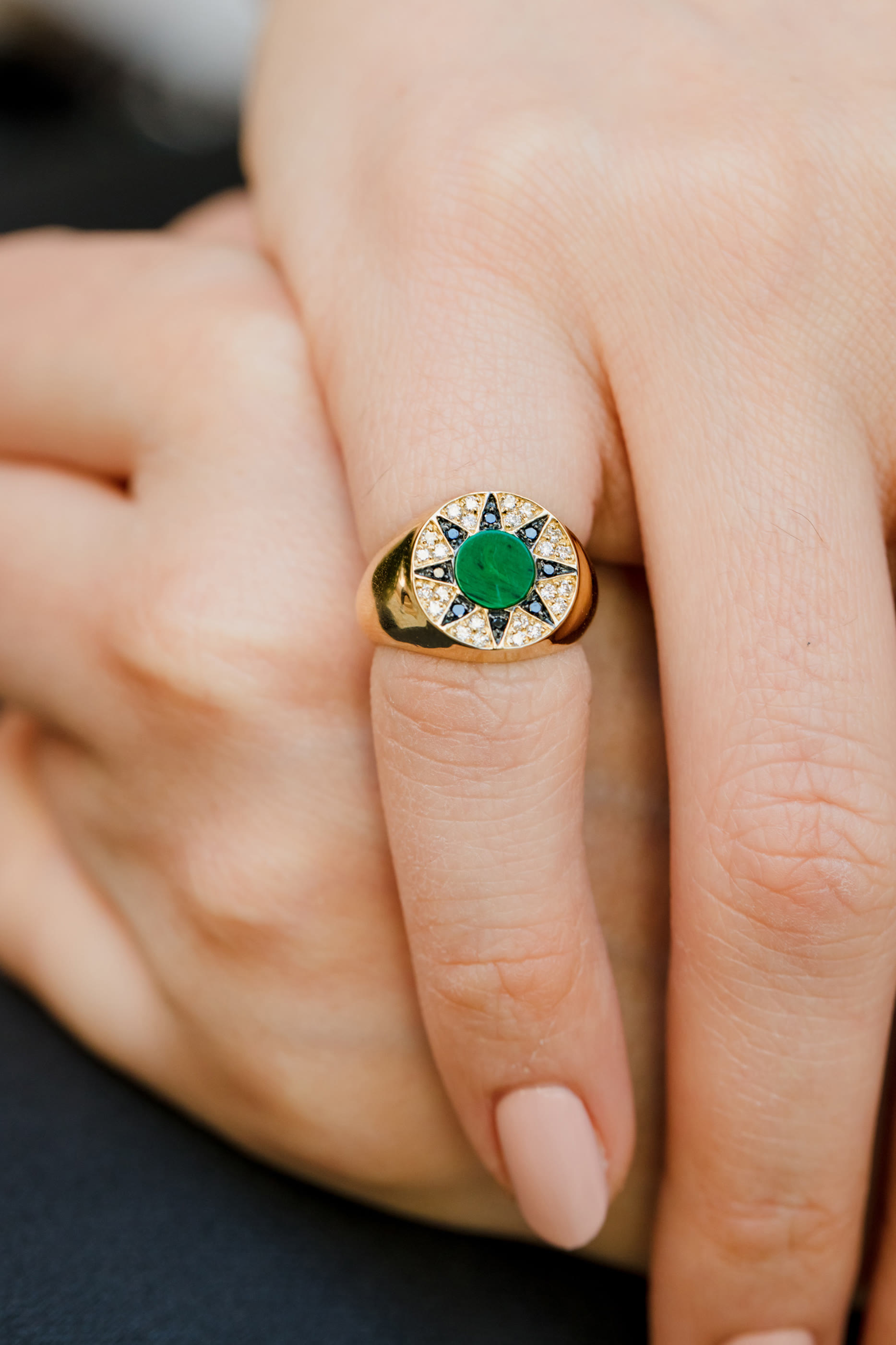 Ibiza Pinky Ring, 18K Yellow Gold with Diamonds & Malachite