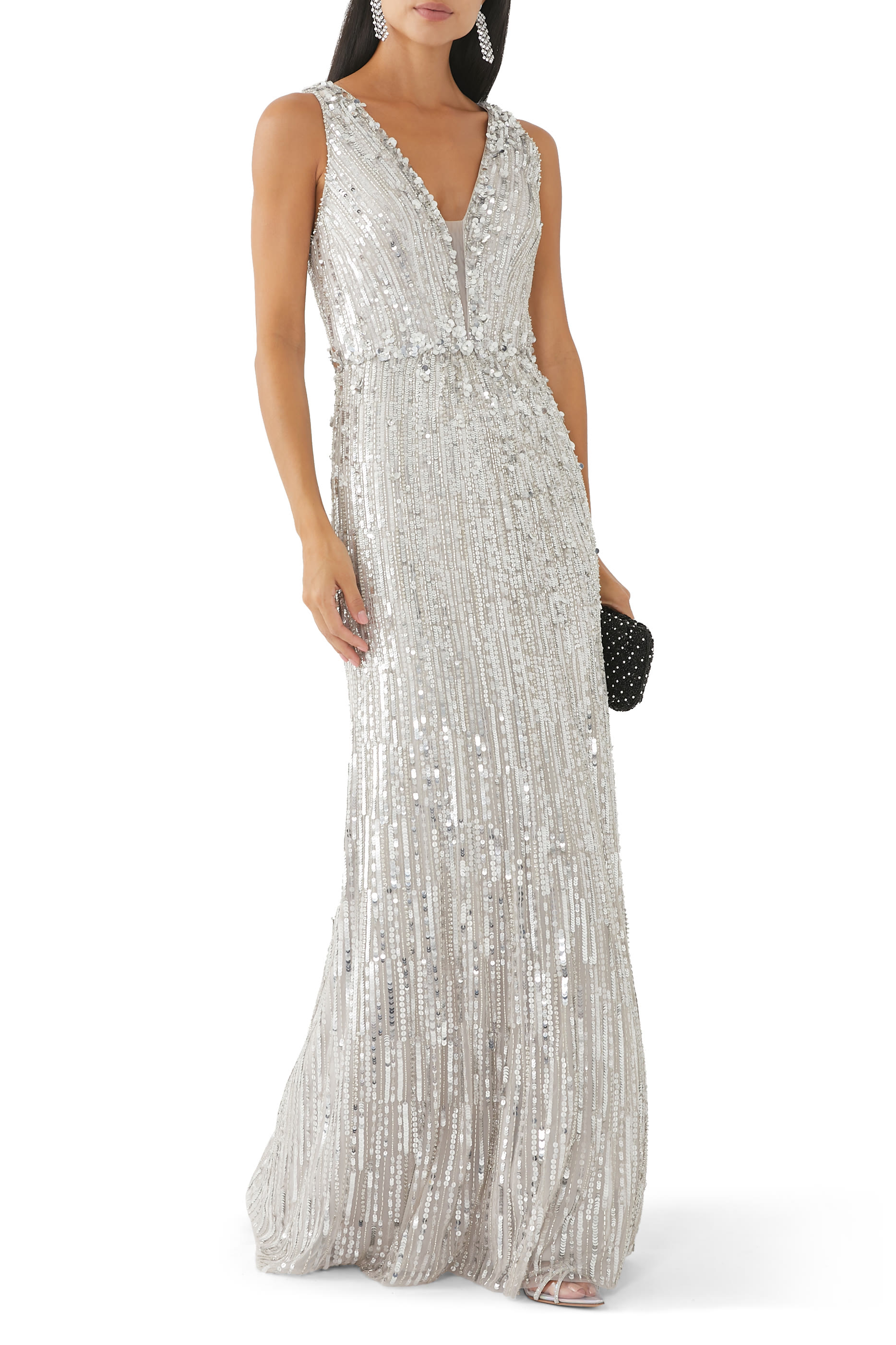Raquel Crystal-Embellished V-Neck Gown