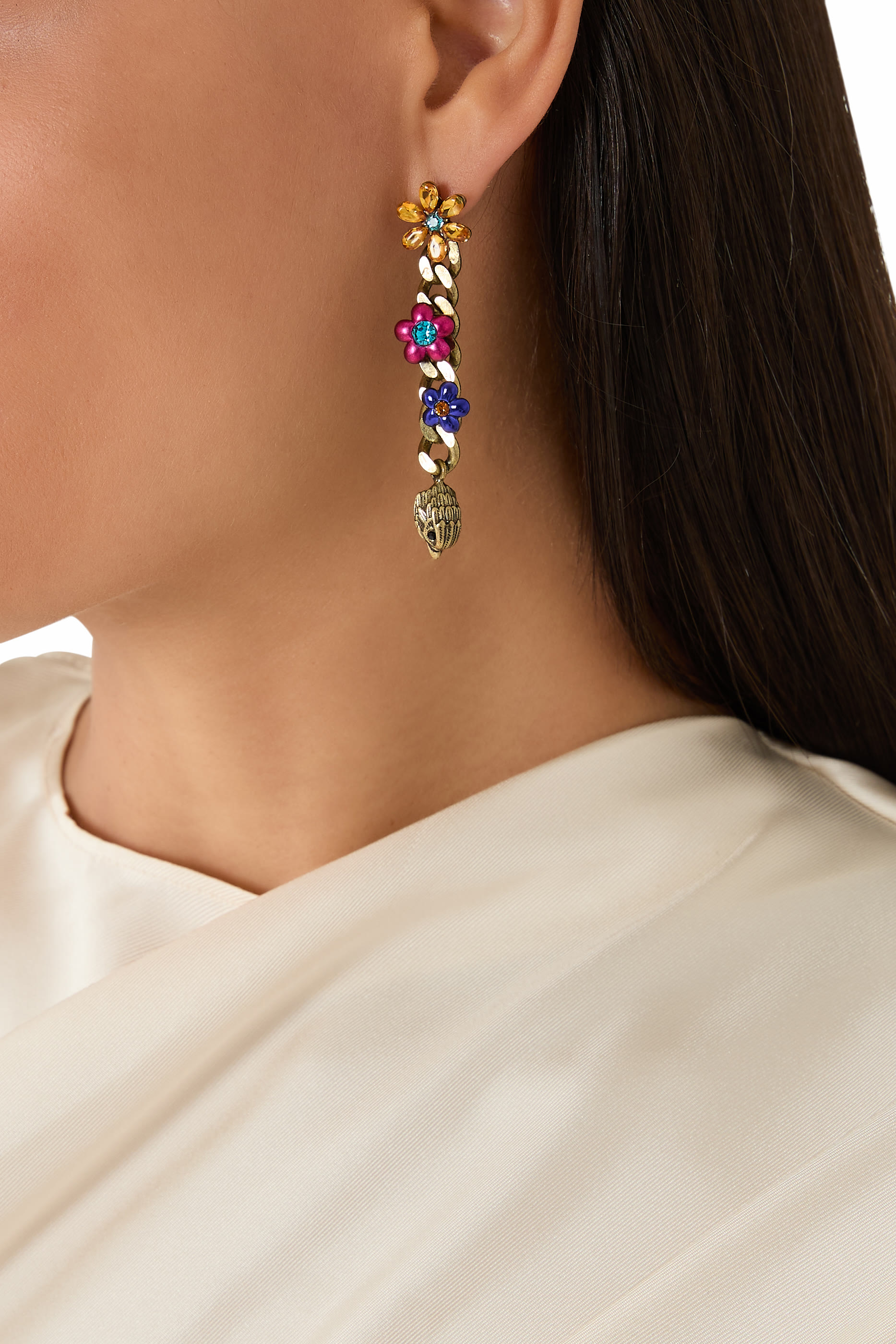 Floral Eagle Linear Earrings, Brass