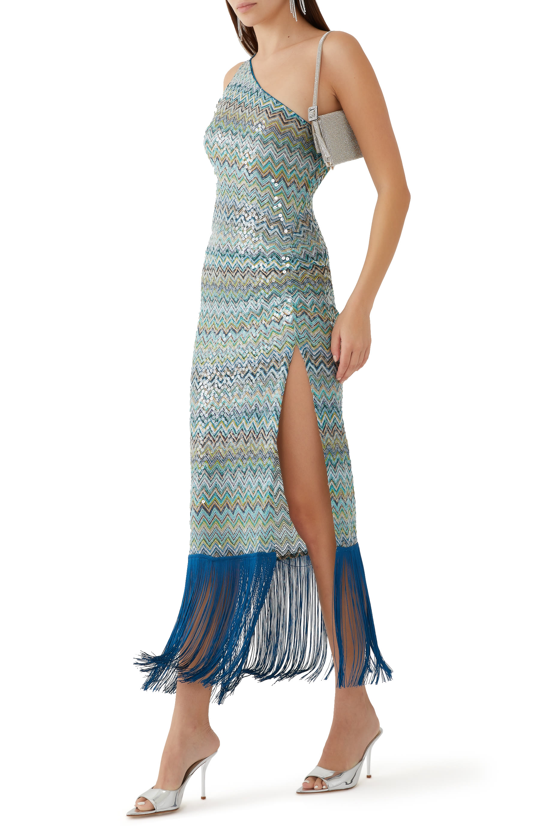 Exclusive Mare Chevron Raschel Sequinned Fringed Maxi Dress