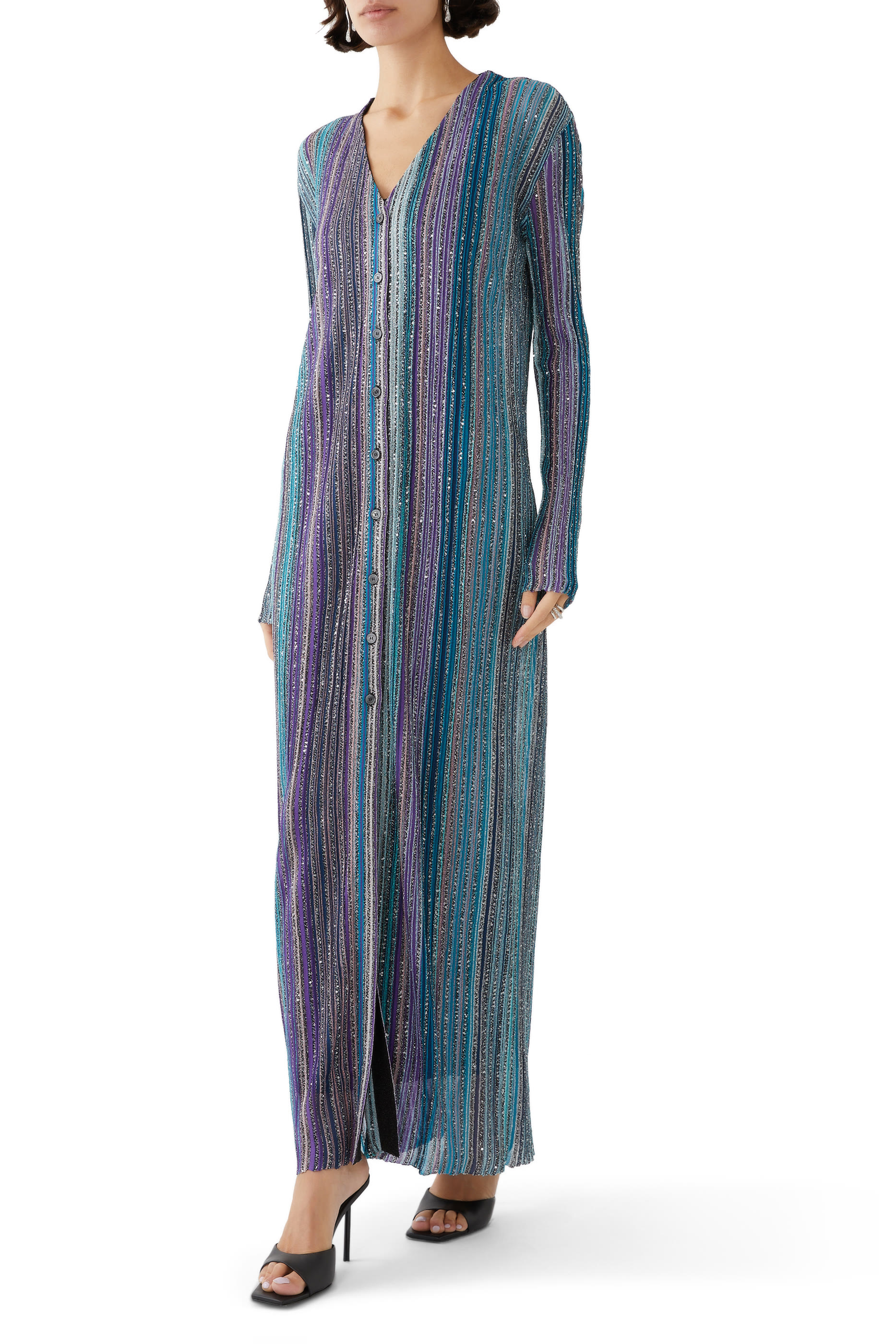 Partialized Sequinned Knit Buttoned Maxi Cardigan 