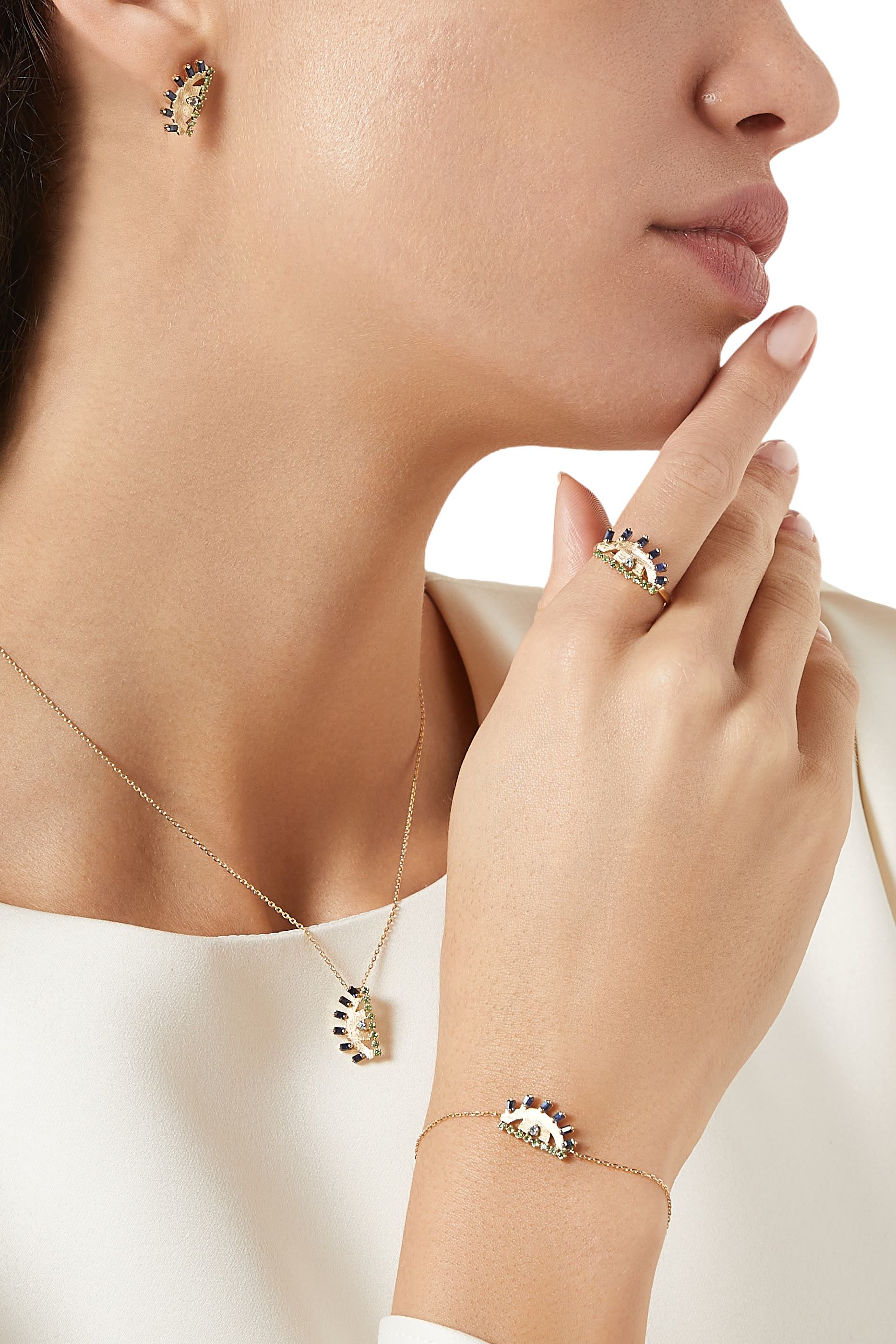 Ya Ein Najlaa Multi-Stone Earrings, 18k Yellow Gold & Blue Topaz, Emerald, Sapphire