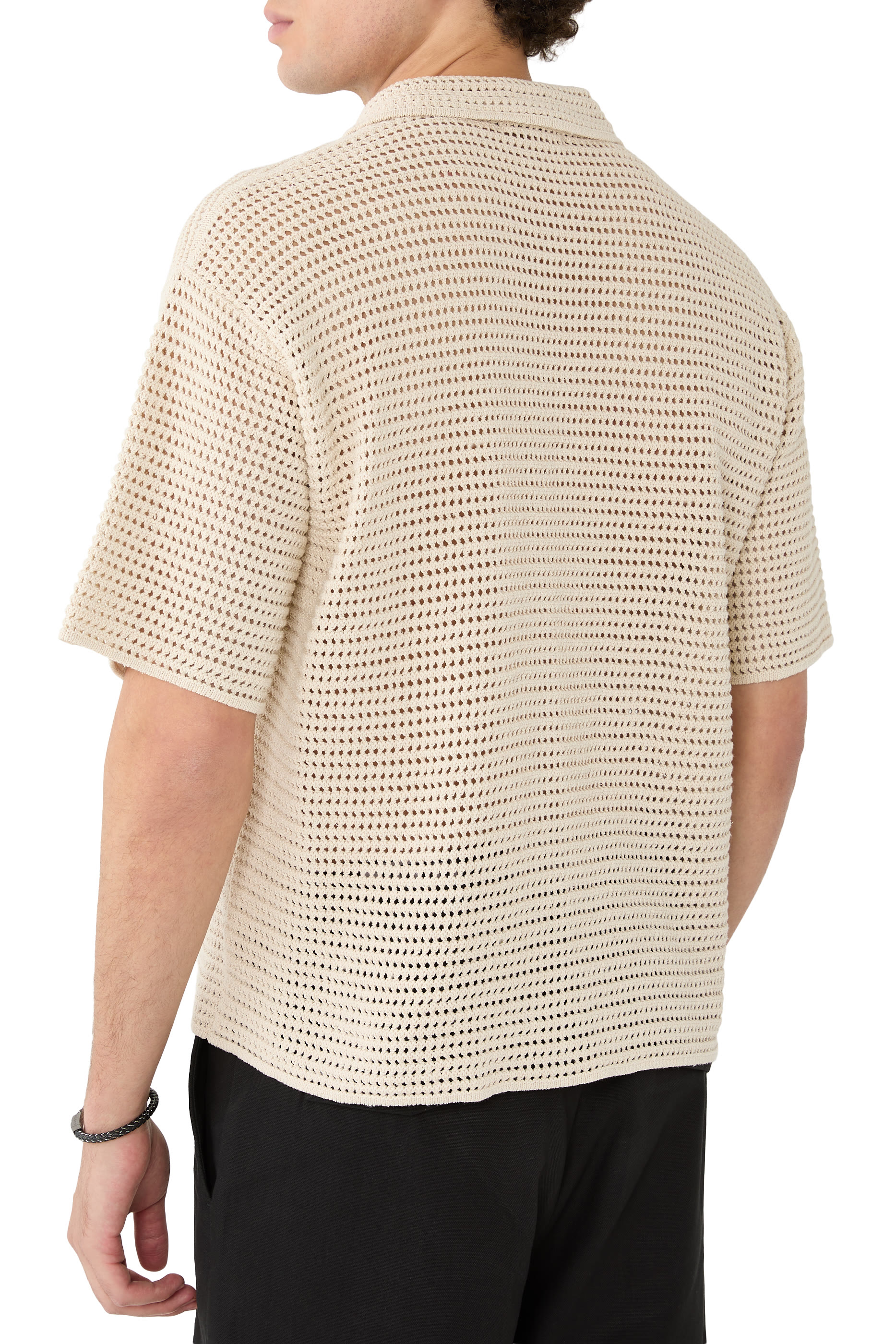 Tussah Silk Cotton Mesh Knit Skipper Polo